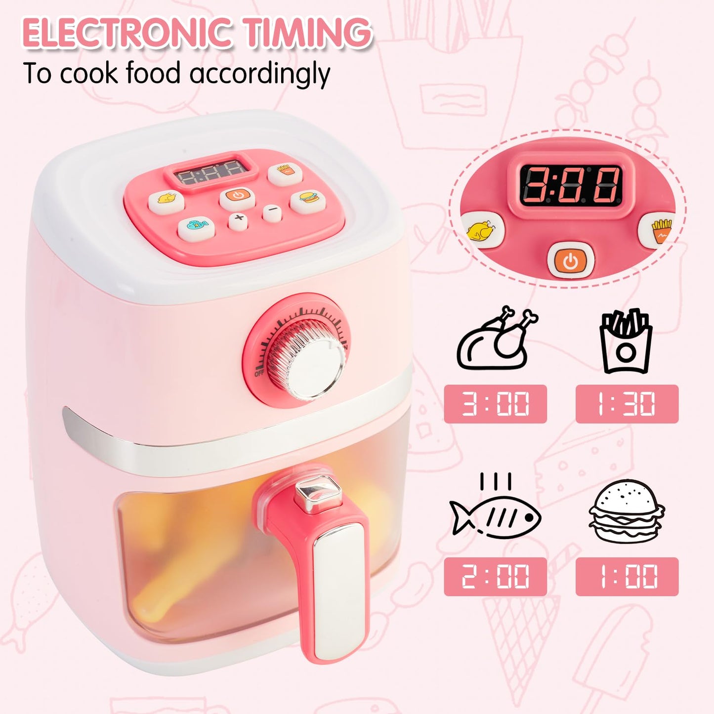 ACROFEK Play Kitchen Accessories – Toy Air Fryer with Sound & Lighting, Color-Changing Play Food, Pink