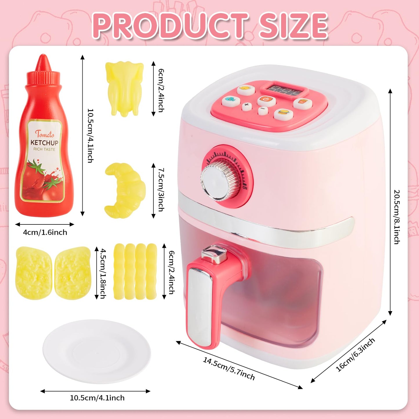ACROFEK Play Kitchen Accessories – Toy Air Fryer with Sound & Lighting, Color-Changing Play Food, Pink