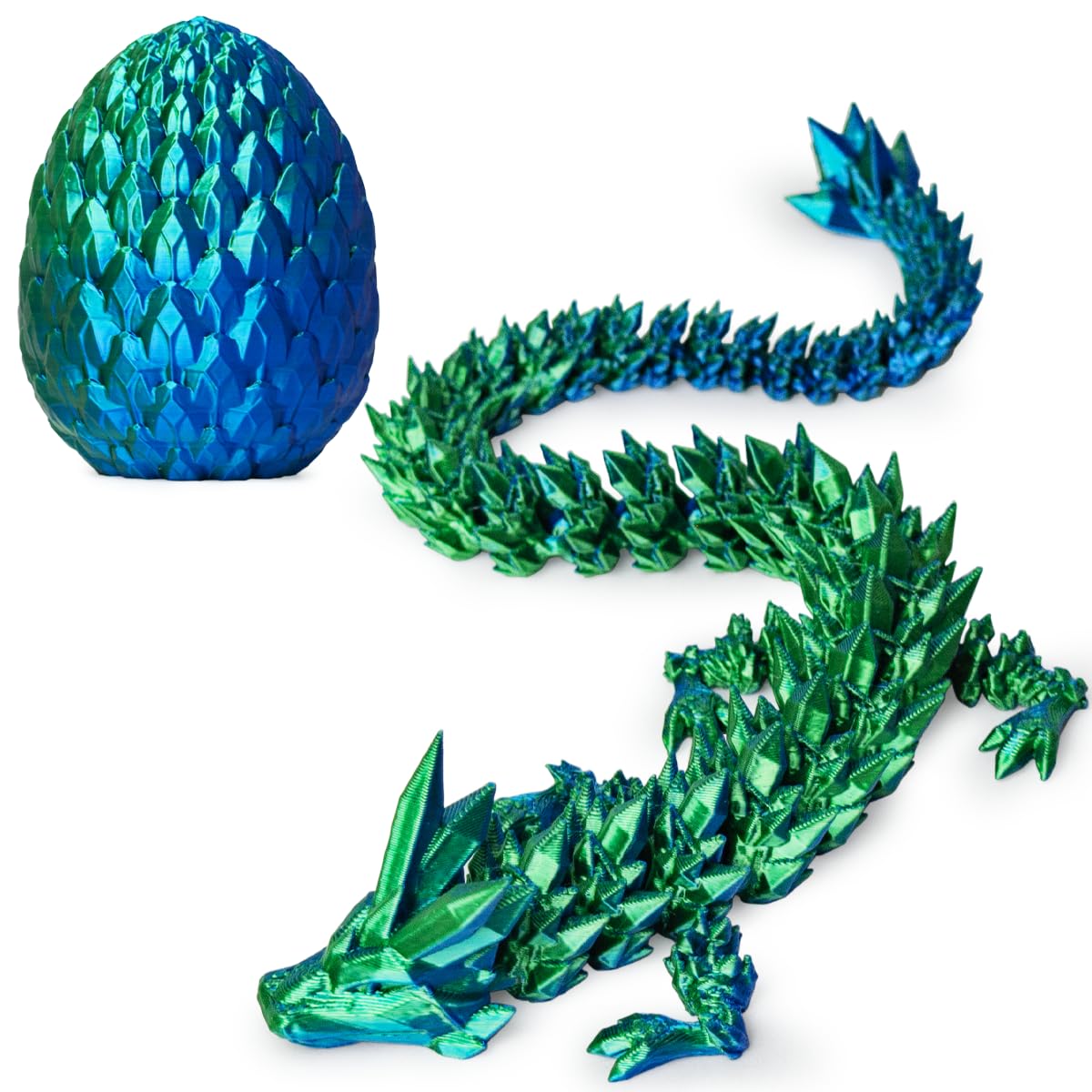 ACTICO 3D Printed Dragon Egg with Articulated Crystal Dragon Inside – 12in (Blue & Green)
