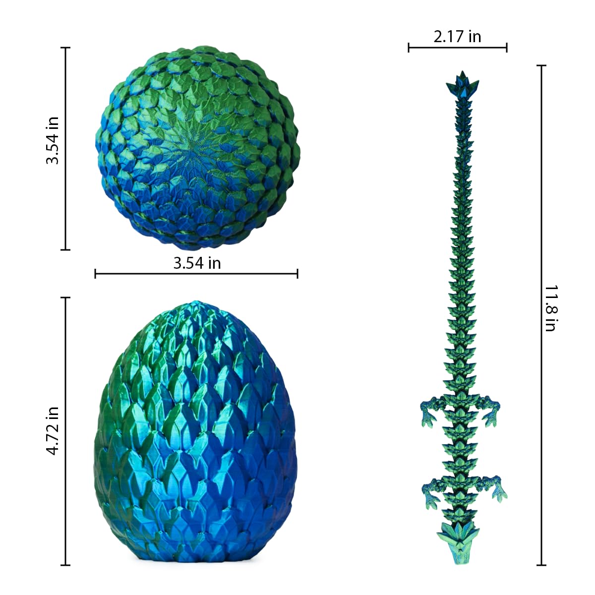 ACTICO 3D Printed Dragon Egg with Articulated Crystal Dragon Inside – 12in (Blue & Green)