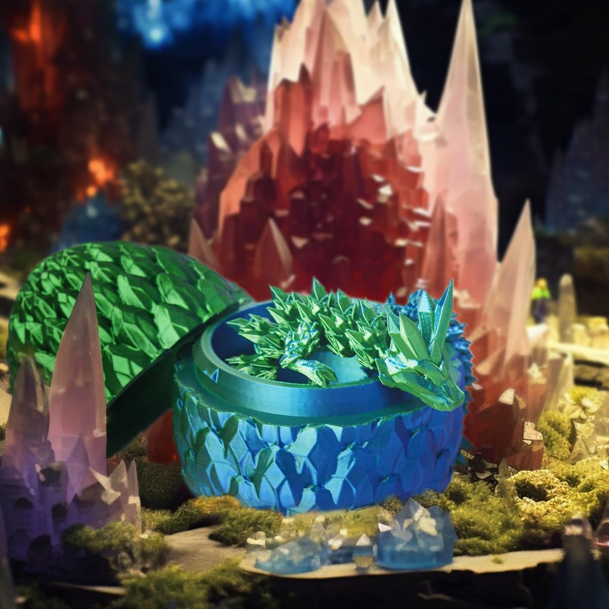 ACTICO 3D Printed Dragon Egg with Articulated Crystal Dragon Inside – 12in (Blue & Green)