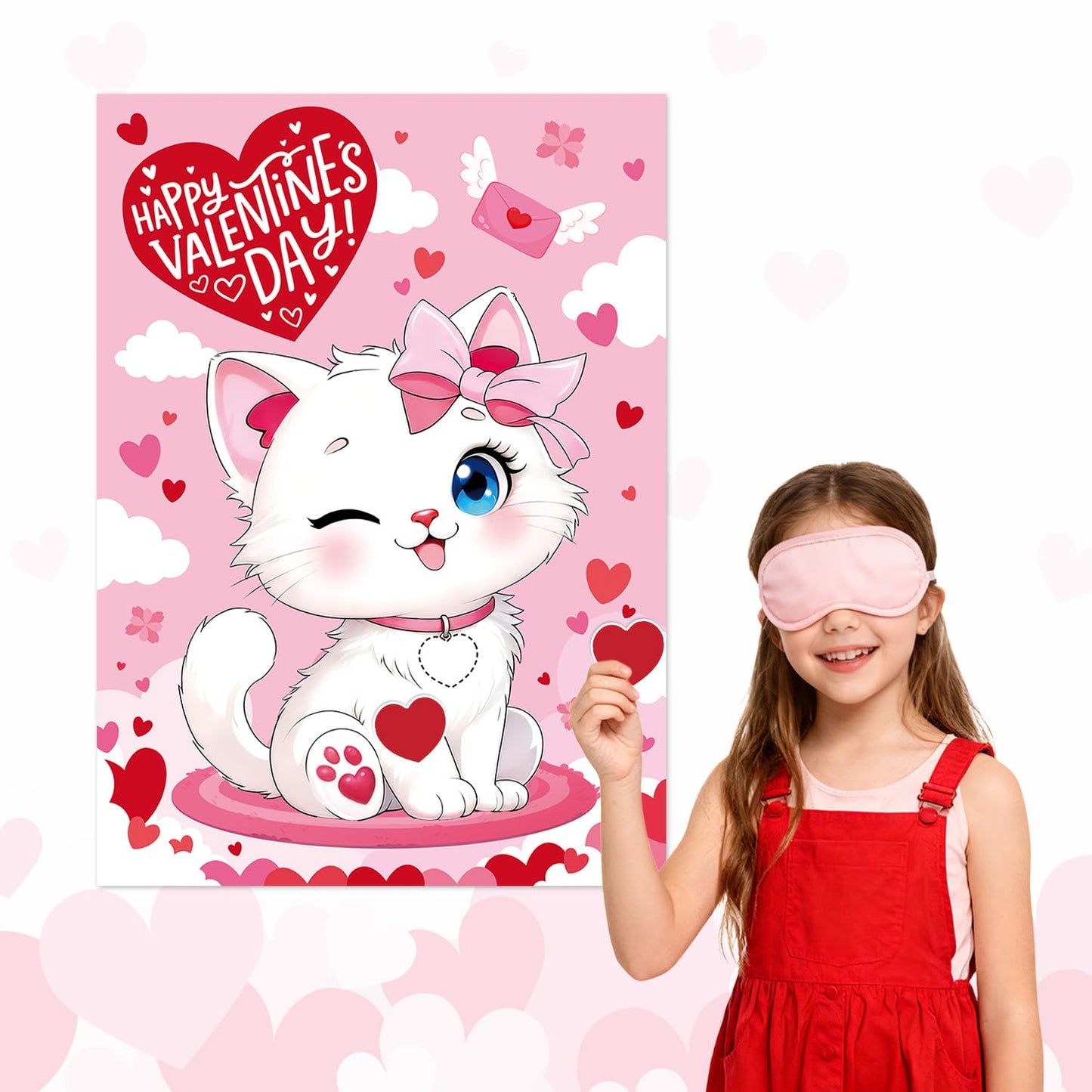 Actilize Valentine Games – Pin the Heart with Poster, 48 Reusable Stickers, Eye Masks
