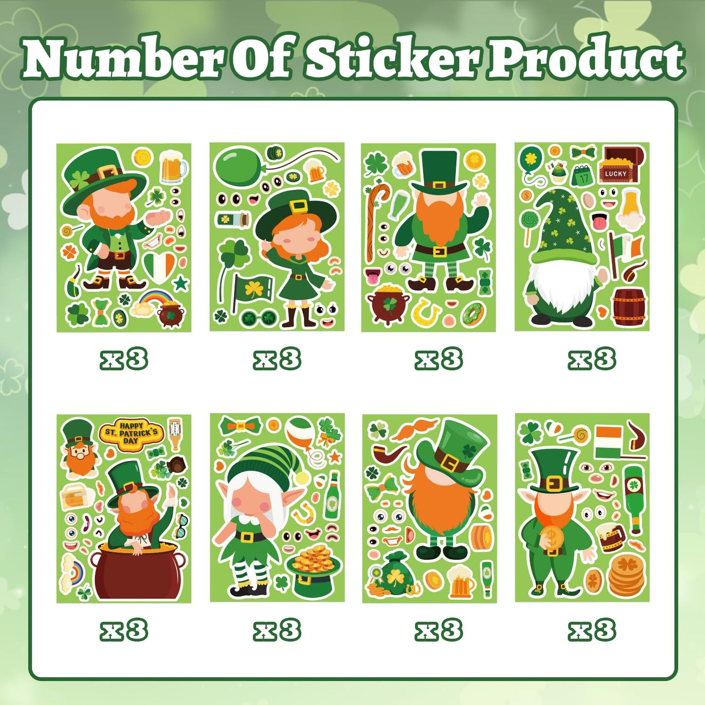 Actilize 24 Pack St. Patrick’s Day Face Stickers for Kids – 8 Styles, Self-Adhesive Leprechaun & Shamrock (6x8.2 in)