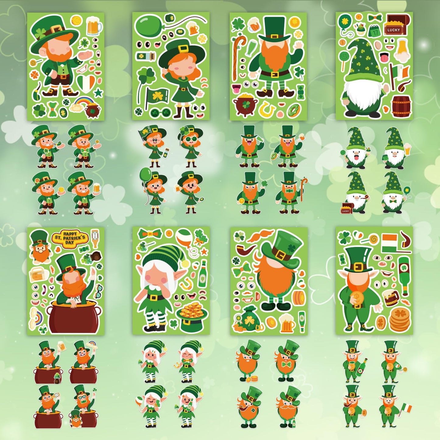Actilize 24 Pack St. Patrick’s Day Face Stickers for Kids – 8 Styles, Self-Adhesive Leprechaun & Shamrock (6x8.2 in)