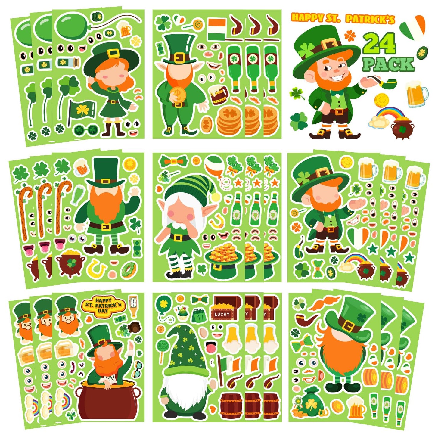 Actilize 24 Pack St. Patrick’s Day Face Stickers for Kids – 8 Styles, Self-Adhesive Leprechaun & Shamrock (6x8.2 in)