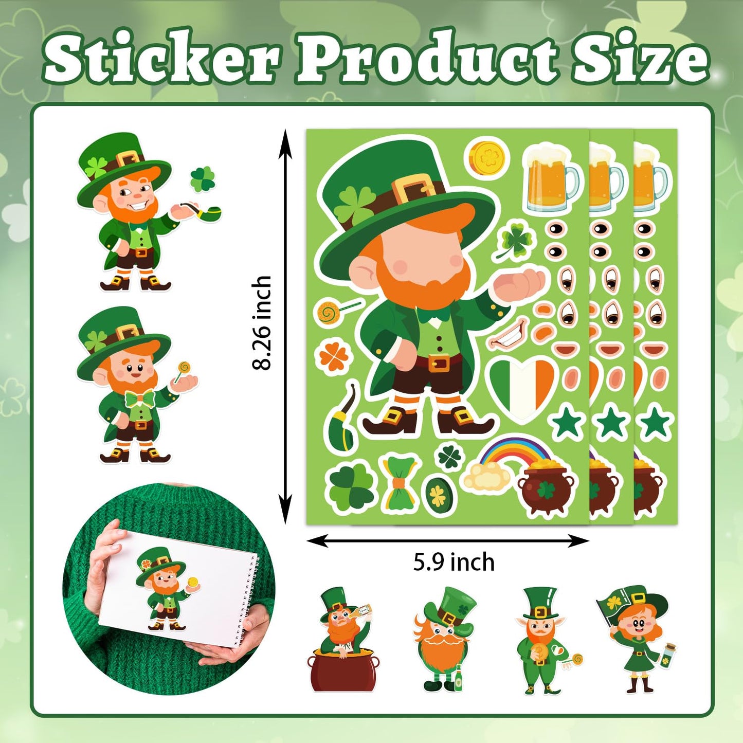 Actilize 24 Pack St. Patrick’s Day Face Stickers for Kids – 8 Styles, Self-Adhesive Leprechaun & Shamrock (6x8.2 in)