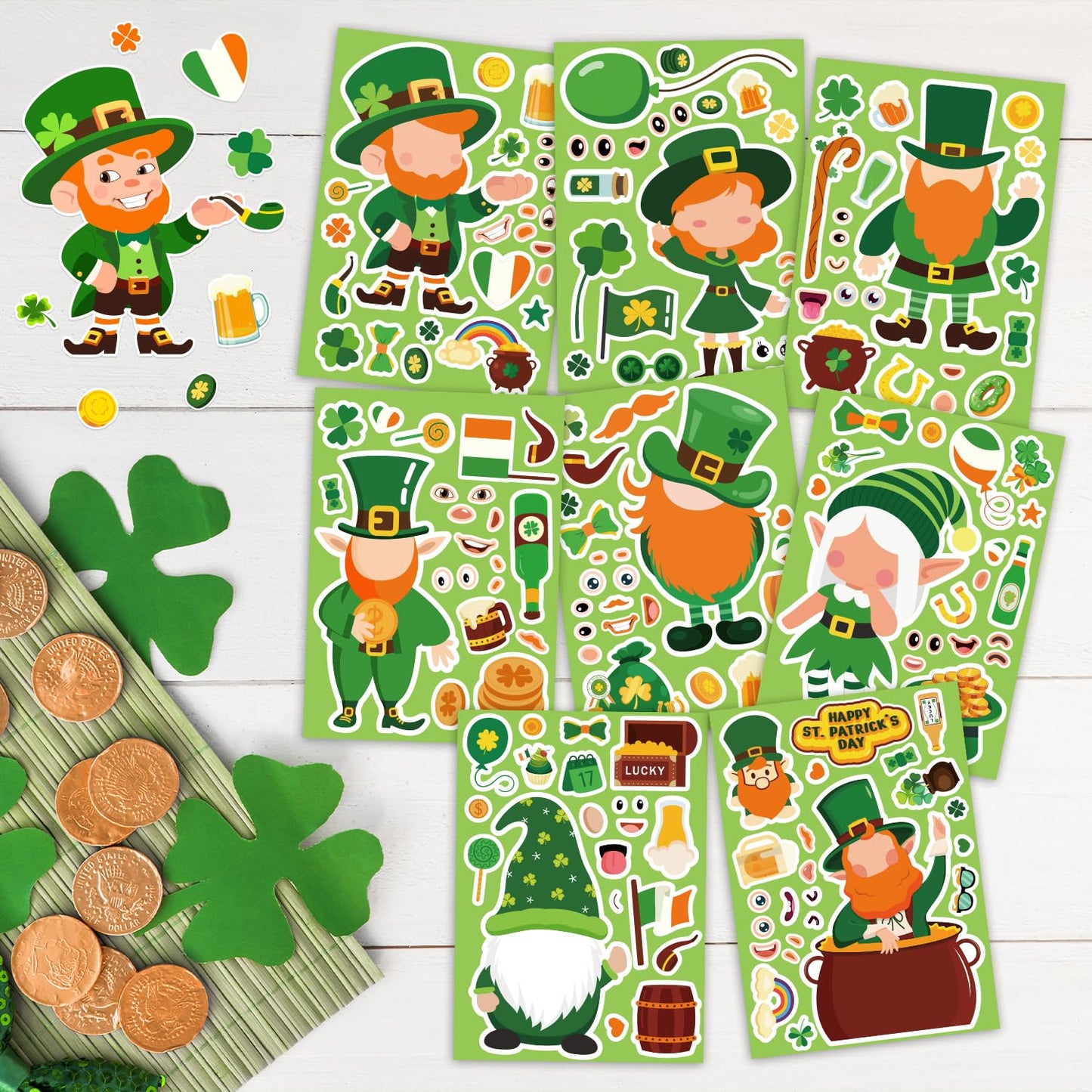 Actilize 24 Pack St. Patrick’s Day Face Stickers for Kids – 8 Styles, Self-Adhesive Leprechaun & Shamrock (6x8.2 in)