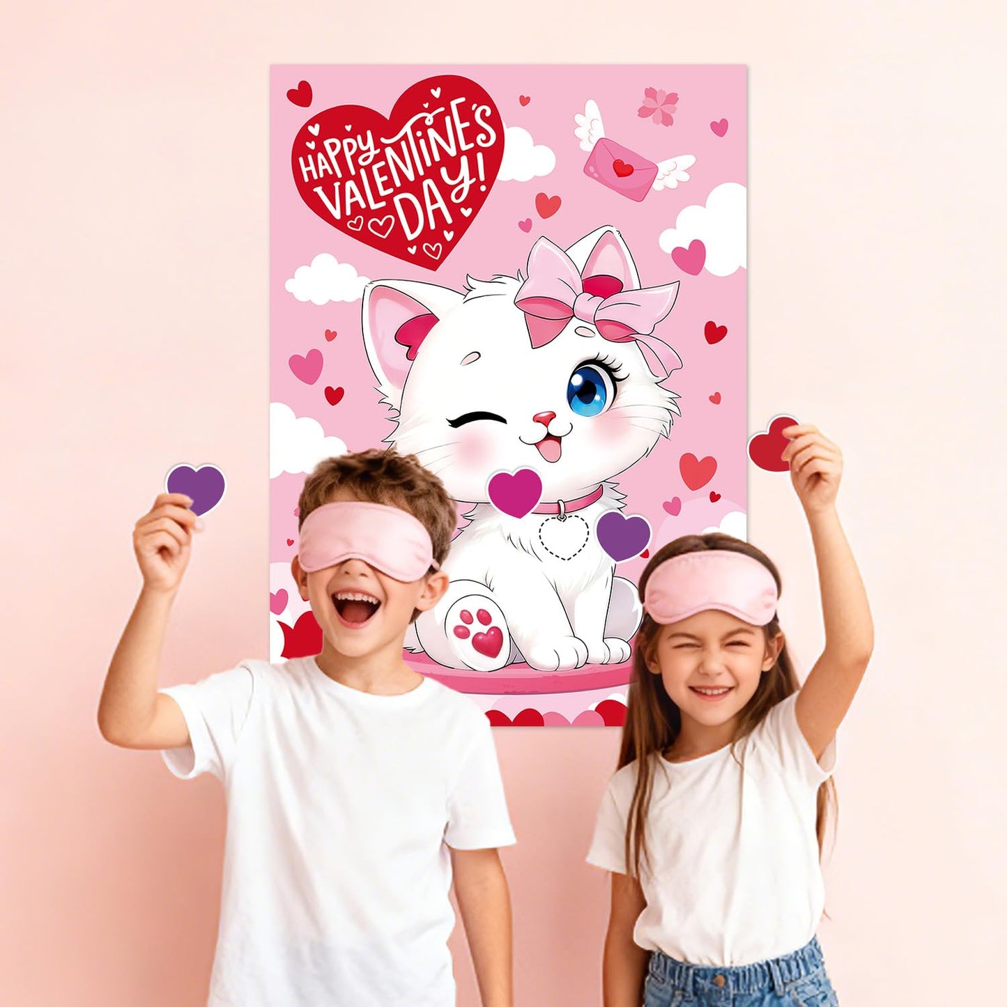 Actilize Valentine Games – Pin the Heart with Poster, 48 Reusable Stickers, Eye Masks