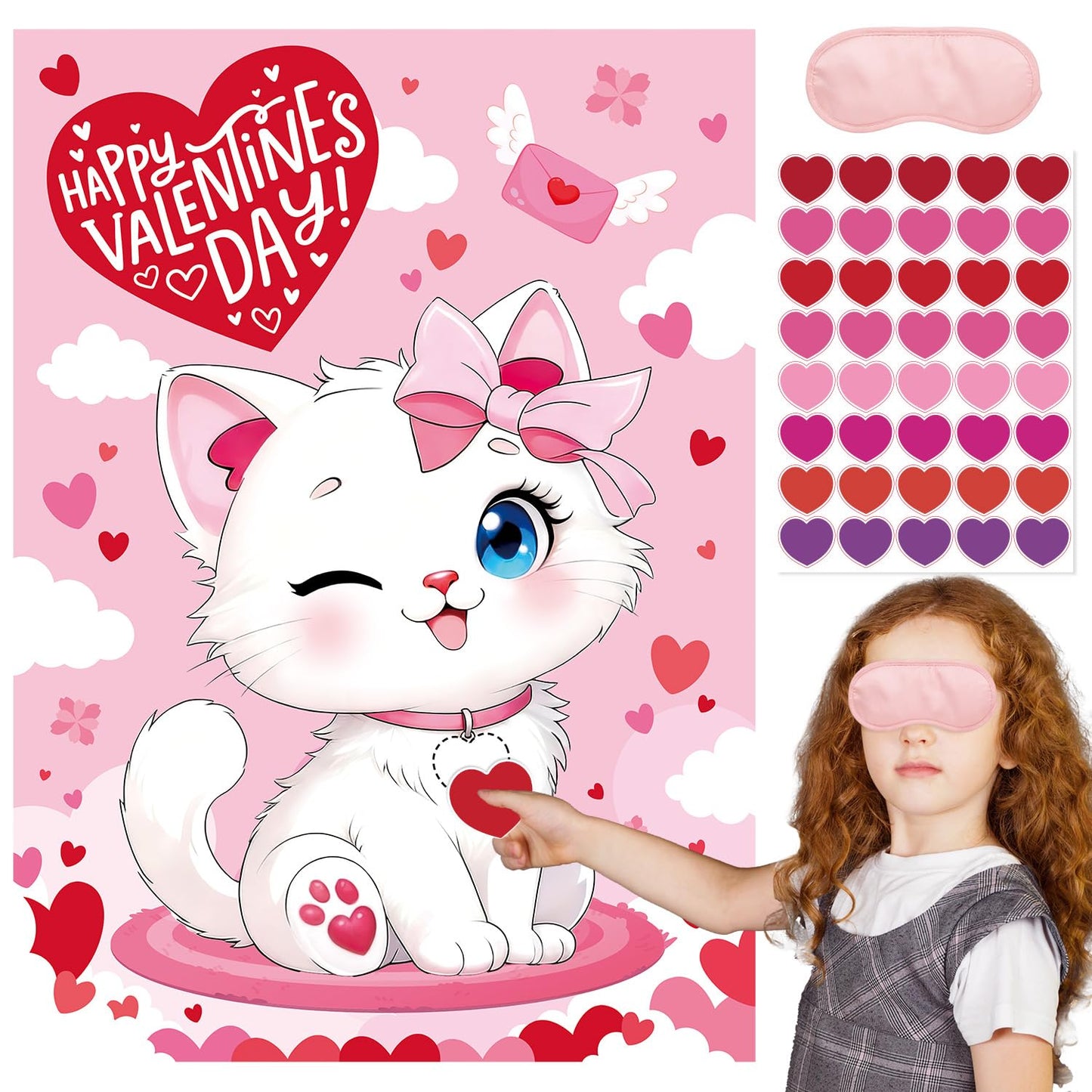 Actilize Valentine Games – Pin the Heart with Poster, 48 Reusable Stickers, Eye Masks