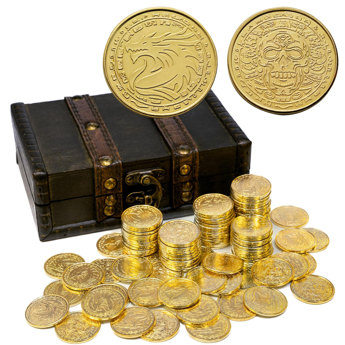 ACTIONDRAKE Metal Pirate Coins – 100 Golden Dragon Coins for D&D, Board Games & Treasure Hunts