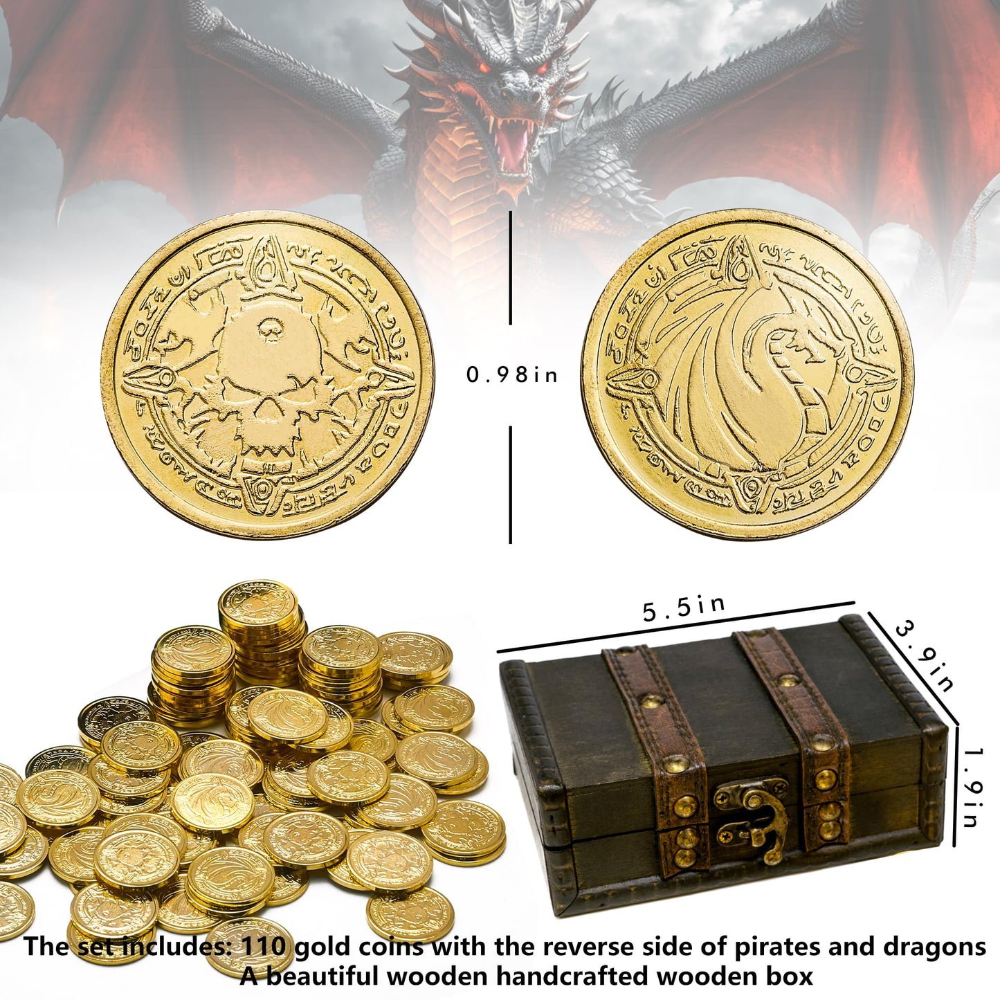 ACTIONDRAKE Dragon Gold Coin Set – 110 Metal Treasure Coins for D&D & Board Games