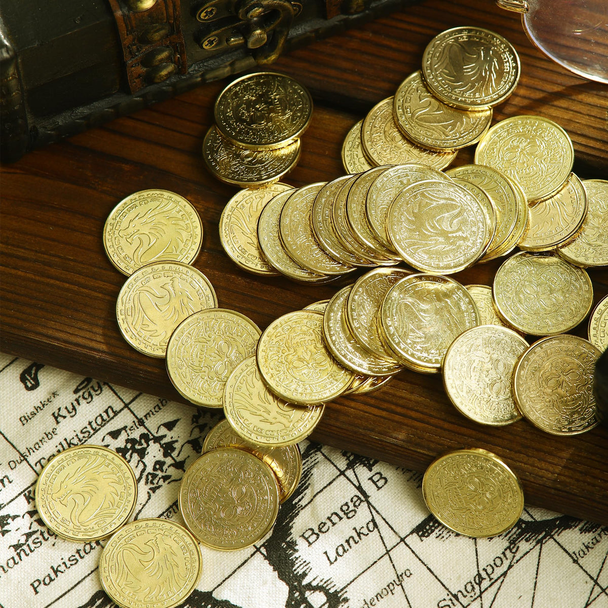 ACTIONDRAKE Metal Pirate Coins – 100 Golden Dragon Coins for D&D, Board Games & Treasure Hunts