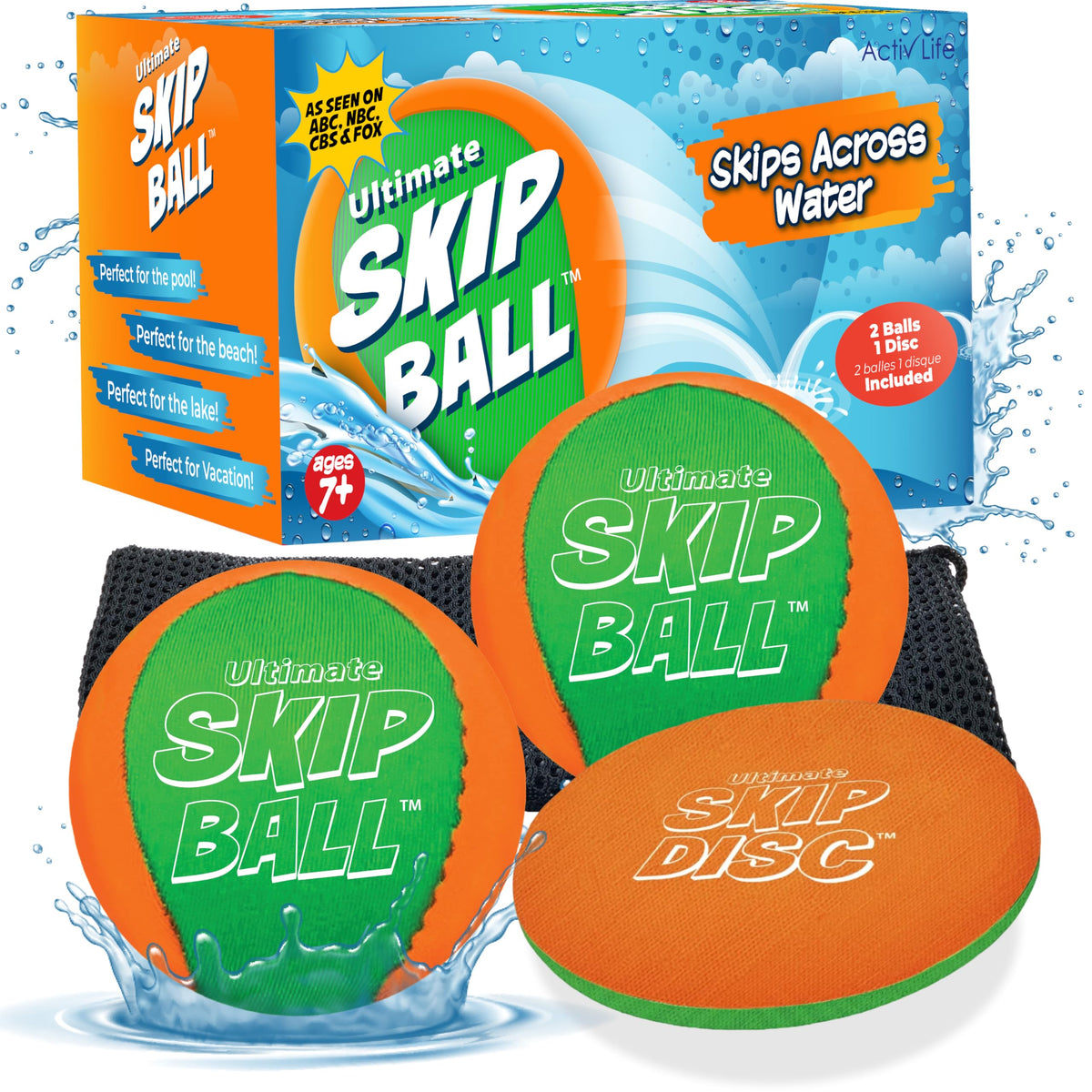 Activ Life 2-Pack Water Skipping Ball with Skip Disc – Pool & Beach Toy Set
