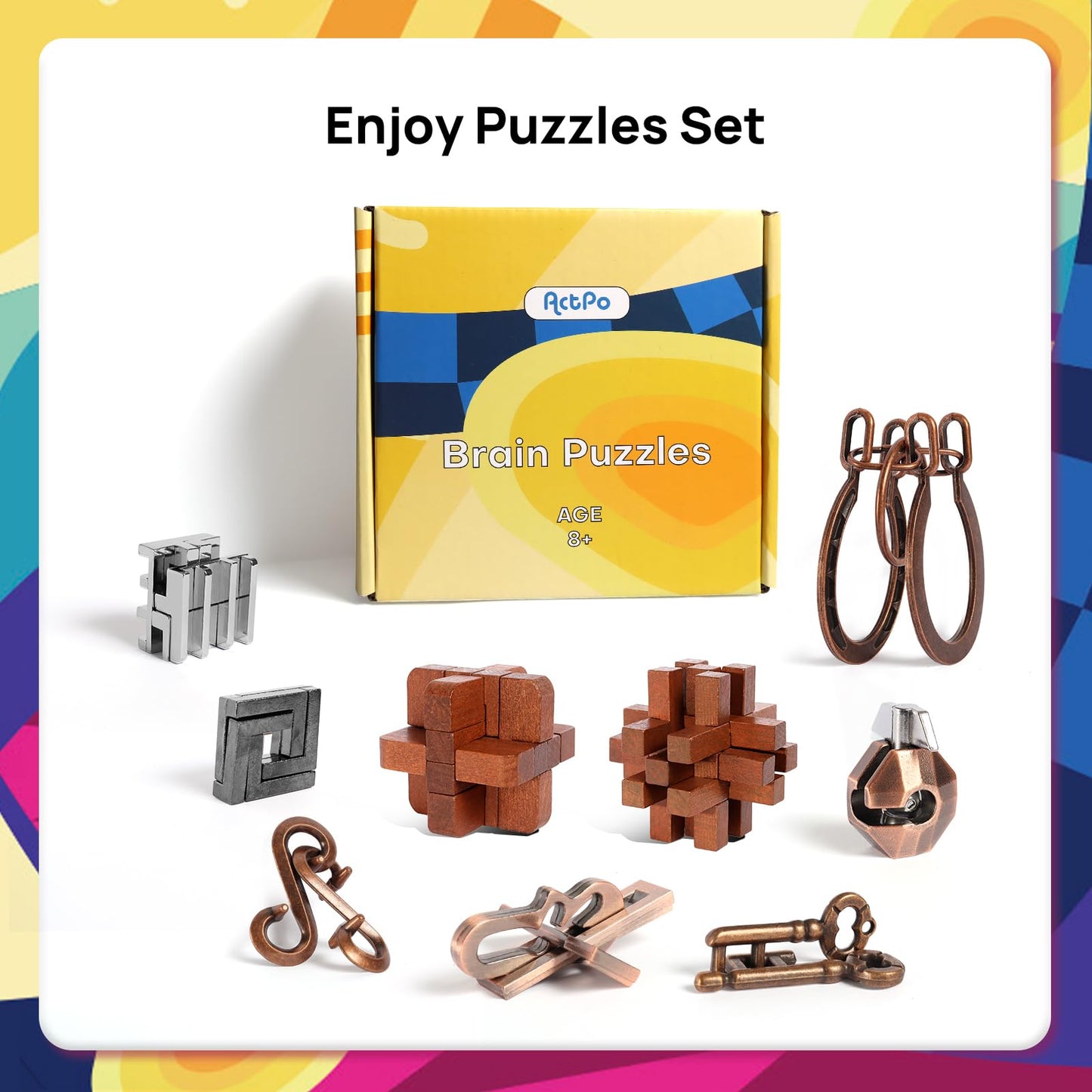 ActPo 9-Piece Puzzles Bulk Gift – Wooden & Metal Interlock Brain Teasers