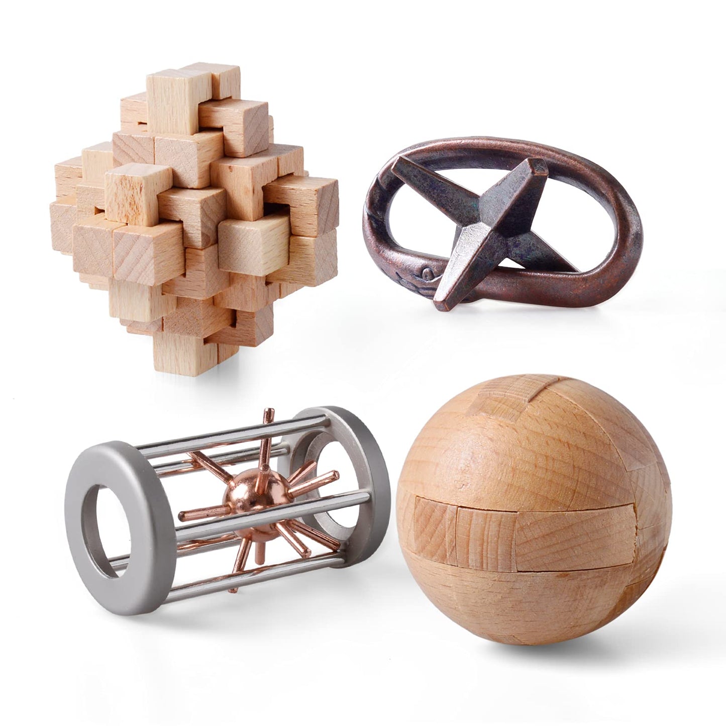 ActPo 4Pcs Wooden & Metal Puzzles – 3D Interlock Brain Teasers for Kids & Adults