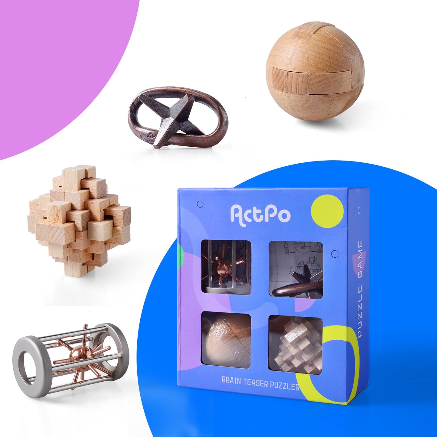 ActPo 4Pcs Wooden & Metal Puzzles – 3D Interlock Brain Teasers for Kids & Adults