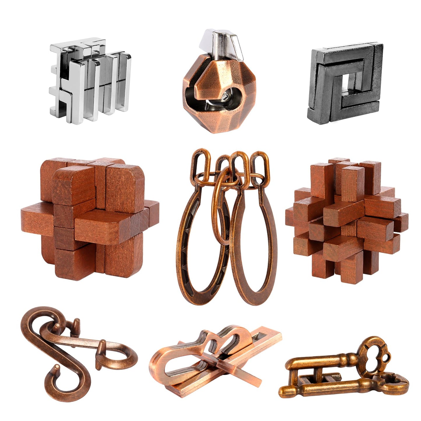 ActPo 9-Piece Puzzles Bulk Gift – Wooden & Metal Interlock Brain Teasers