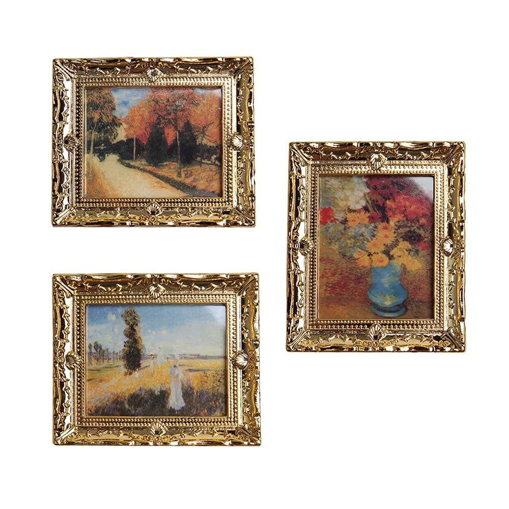 Acxico 3Pcs 1:12 Miniature Gold Frame Art Wall Picture Oil Painting | Home Decor