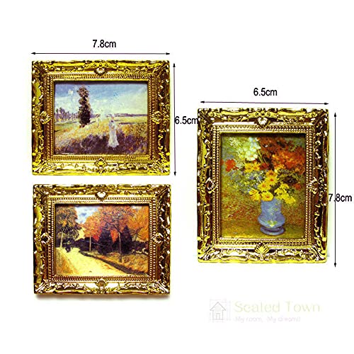 Acxico 3Pcs 1:12 Miniature Gold Frame Art Wall Picture Oil Painting | Home Decor