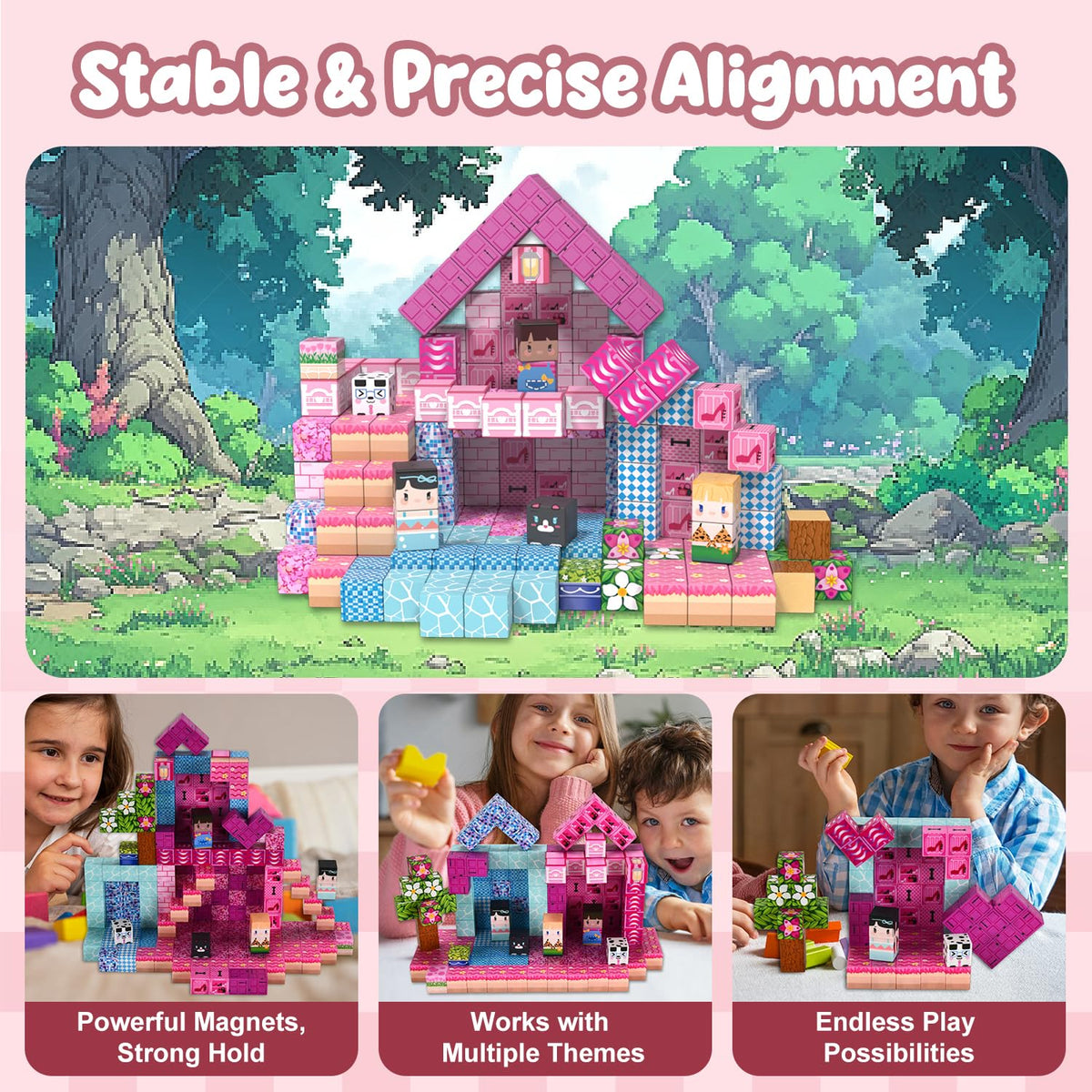 ADAH 216PCS Magnetic Blocks for Girls – Pink Princess STEM Toy, Ages 4-8