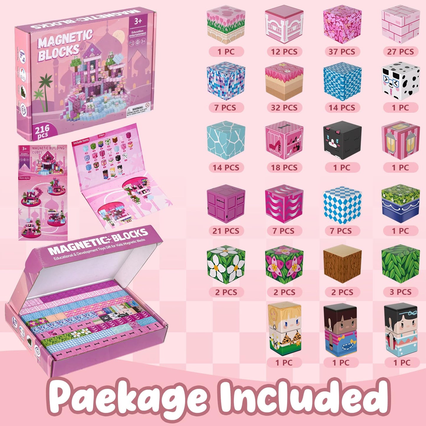 ADAH 216PCS Magnetic Blocks for Girls – Pink Princess STEM Toy, Ages 4-8