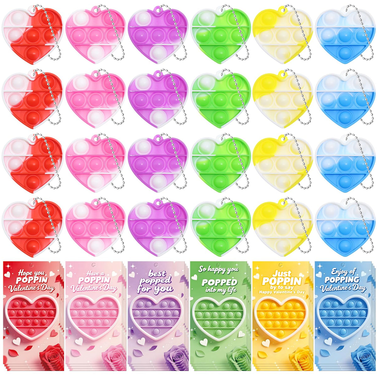 Adatos Valentine's Day Cards & 24 Mini Heart Pop Fidget Toys Bulk – Kids Classroom Gifts