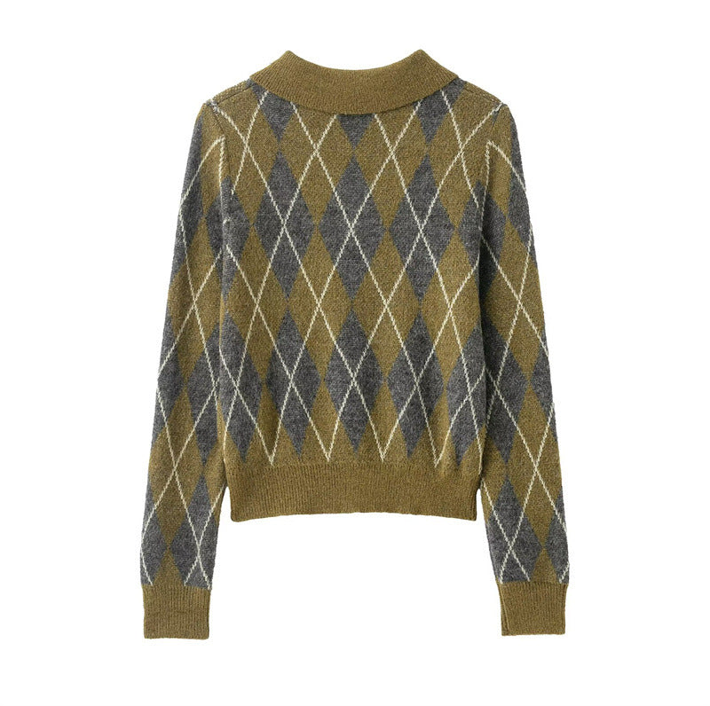 Women's Diamond-Patterned Knitted Sweater - Long Sleeve Button-Up Cardigan