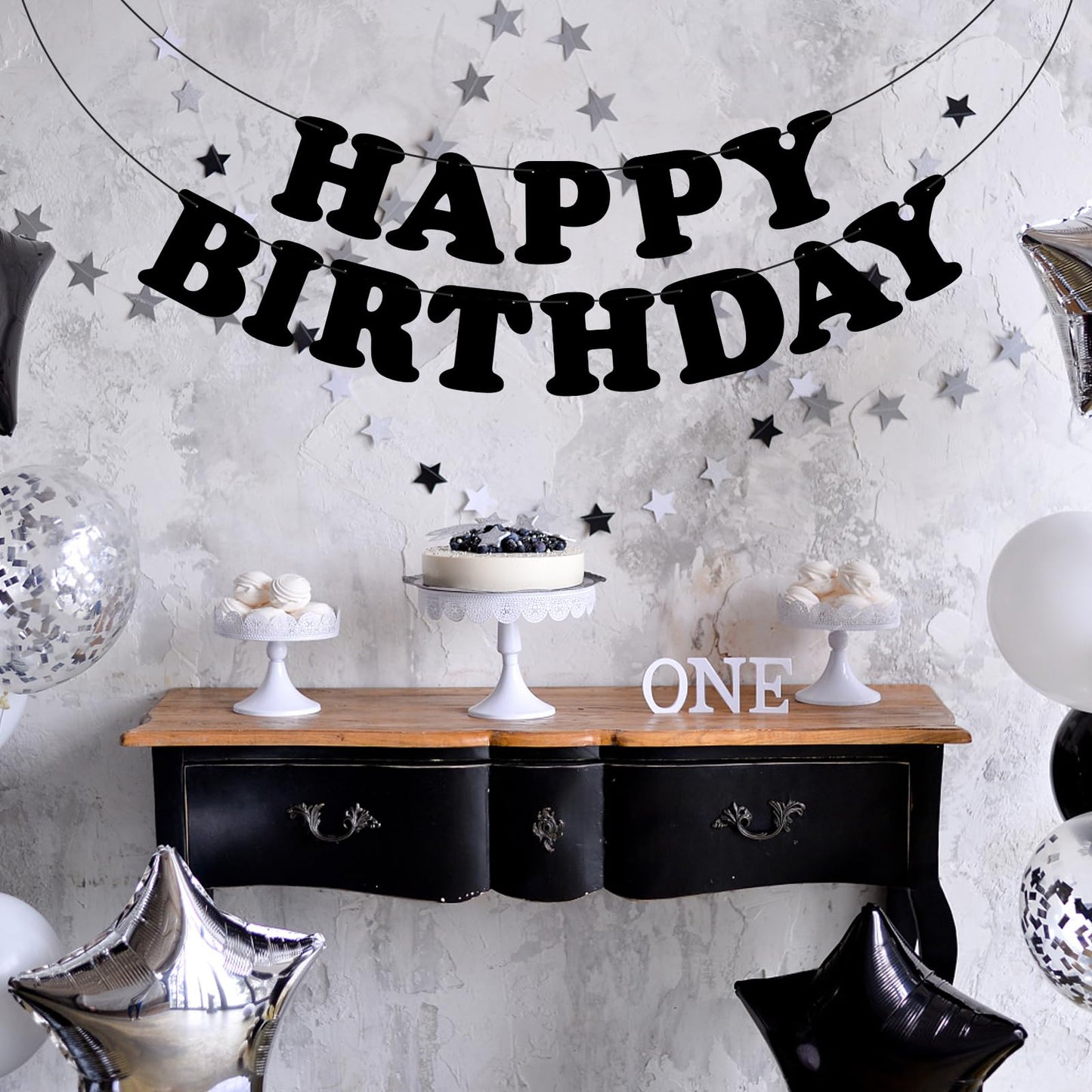 Adecortalk Black Happy Birthday Banner – Elegant Birthday Backdrop & Party Decoration for Kids & Adults