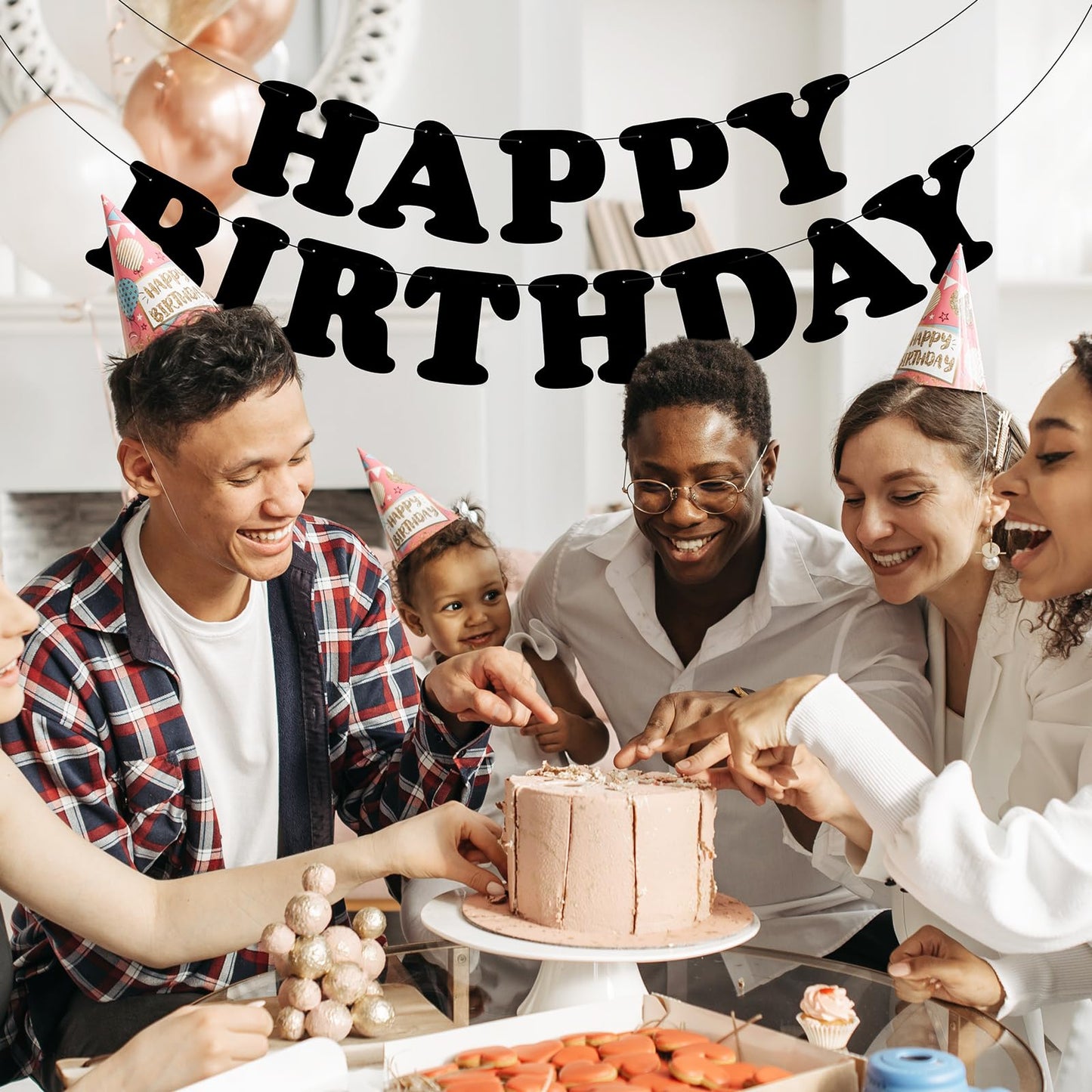 Adecortalk Black Happy Birthday Banner – Elegant Birthday Backdrop & Party Decoration for Kids & Adults