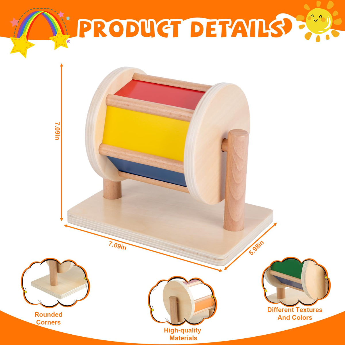 Adena Montessori Baby Toys Play Kit – Mirror Peekaboo, Spinning Rainbow Drum & Fabric Ball for 6-12 Months