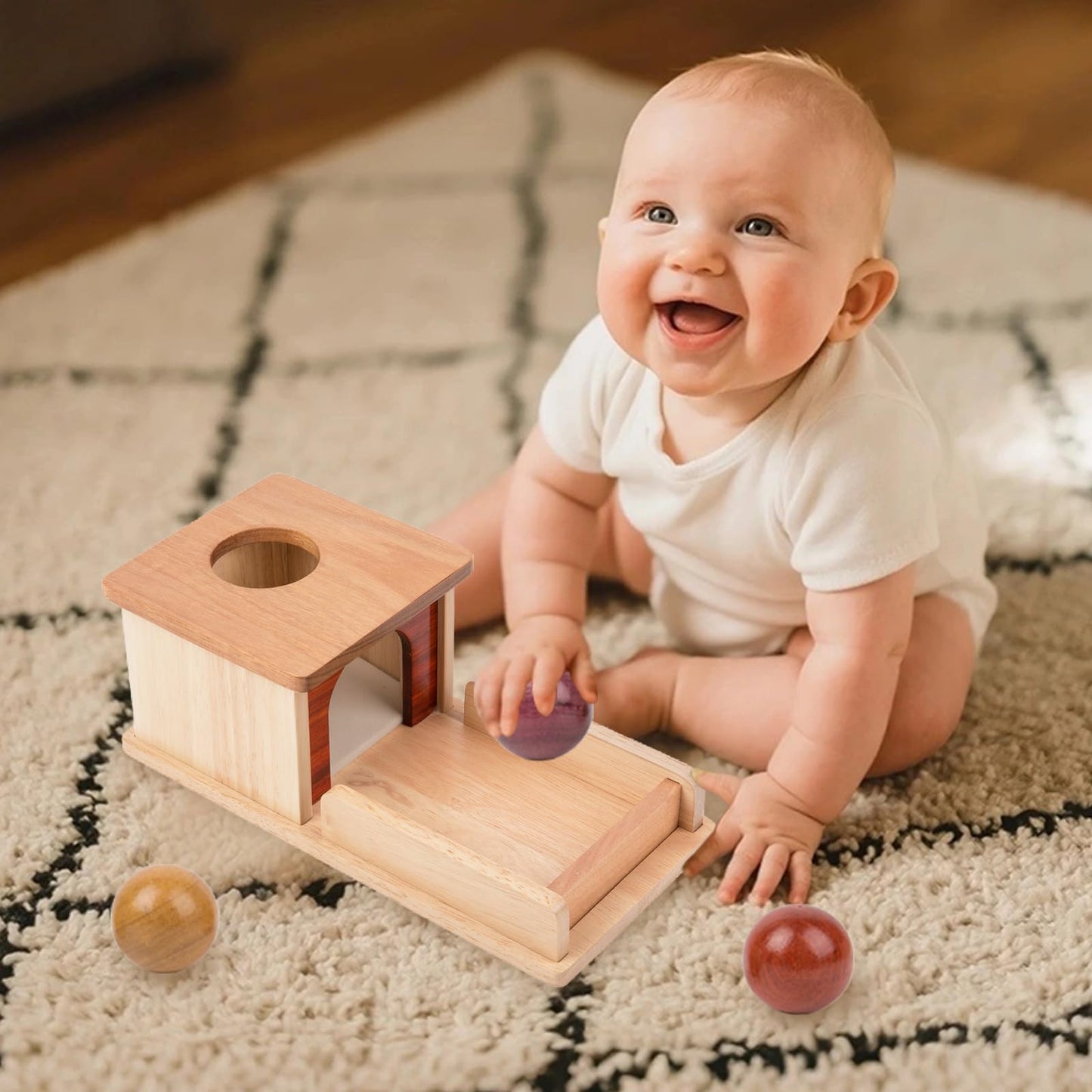 Adena Montessori Object Permanence Box – Wooden Baby Toy with 3 Balls