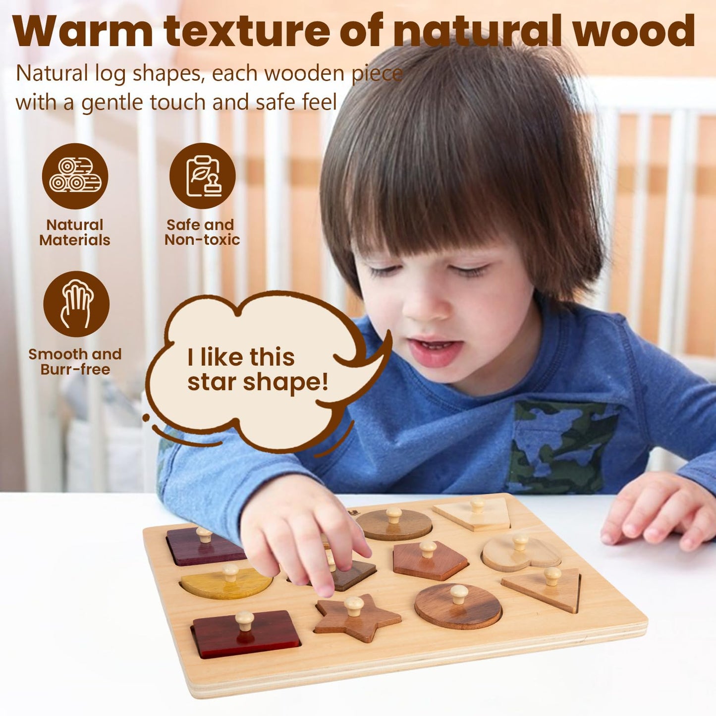 Adena Montessori Wooden Puzzles for Toddlers – 12-Piece Shape Peg Board Toys