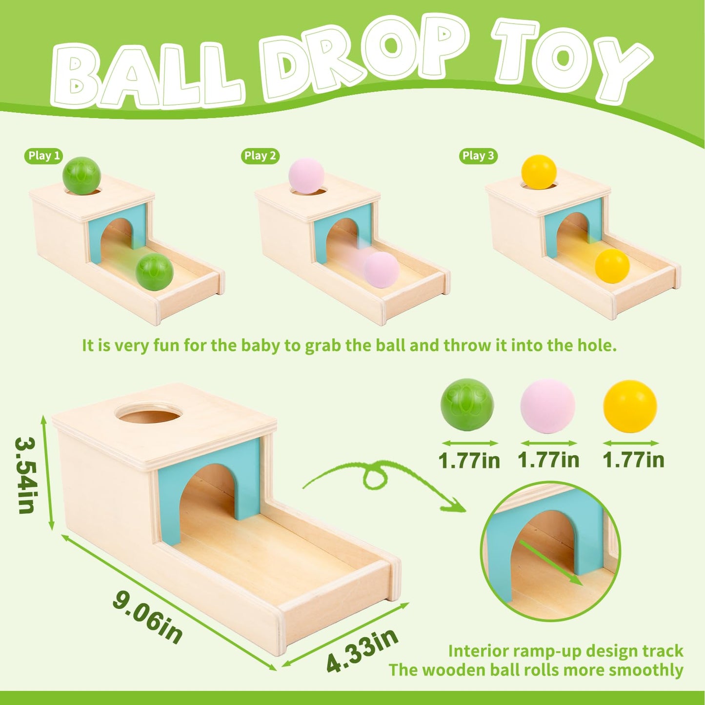 Adena Montessori Object Permanence Box with Tray - Wooden Baby Toy for 6-12 Months | 3 Balls & Colorful Learning