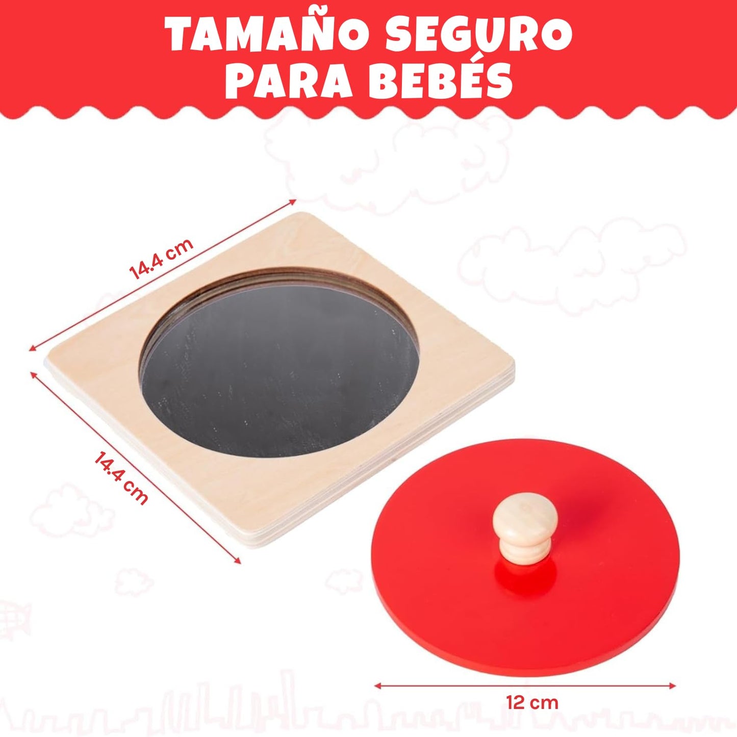 Adena Montessori Baby Toys Play Kit – Mirror Peekaboo Knob Puzzle, Spinning Drum & Rainbow Fabric Ball (6-12M)