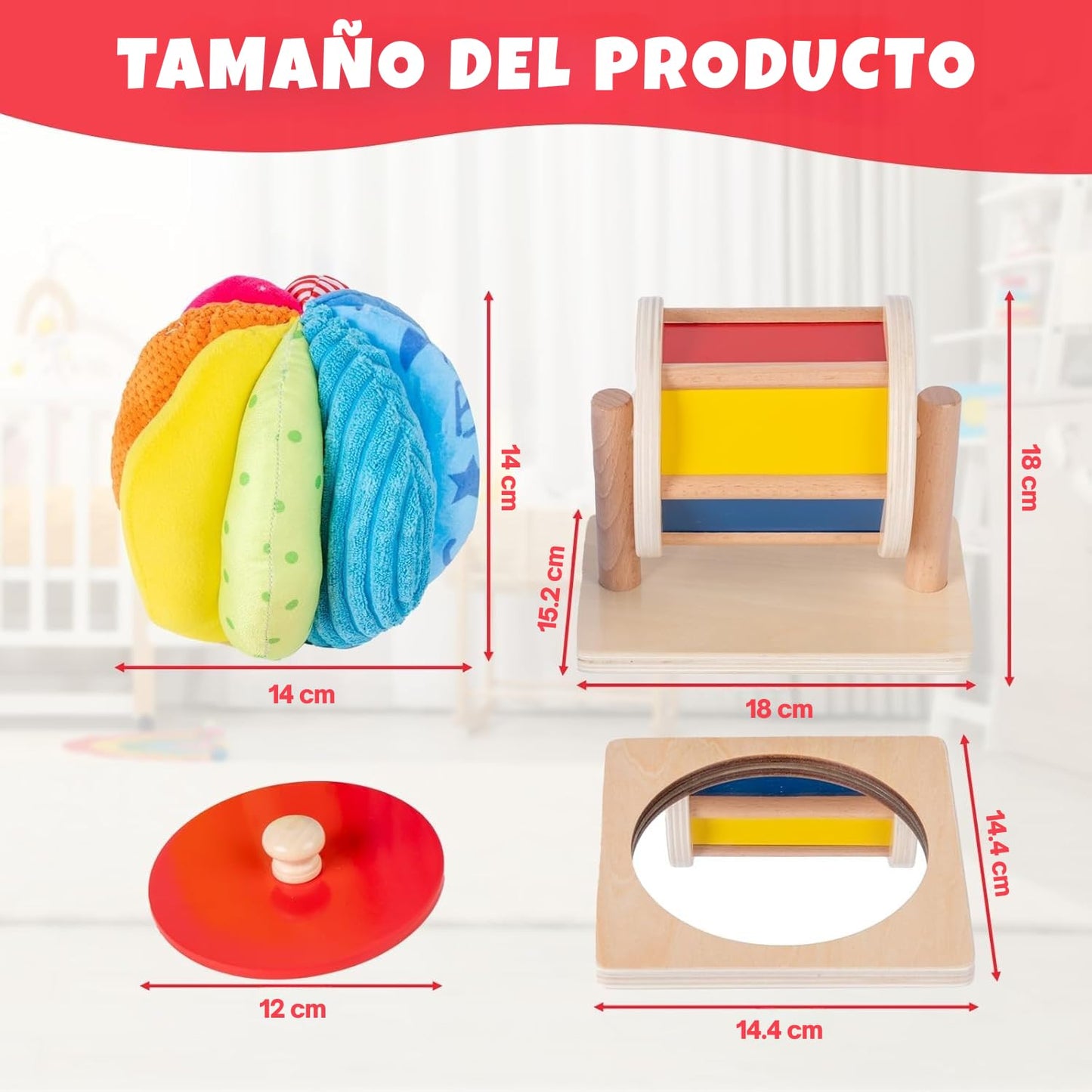 Adena Montessori Baby Toys Play Kit – Mirror, Knob Puzzle, Spinning Drum & Rainbow Ball (6–12 Months)