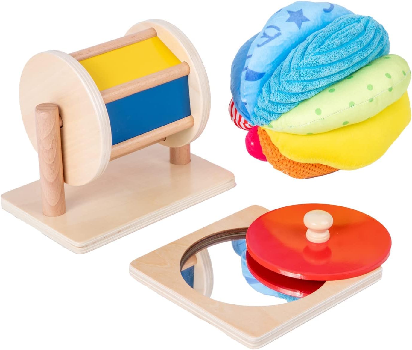 Adena Montessori Baby Toys Play Kit – Mirror, Knob Puzzle, Spinning Drum & Rainbow Ball (6–12 Months)