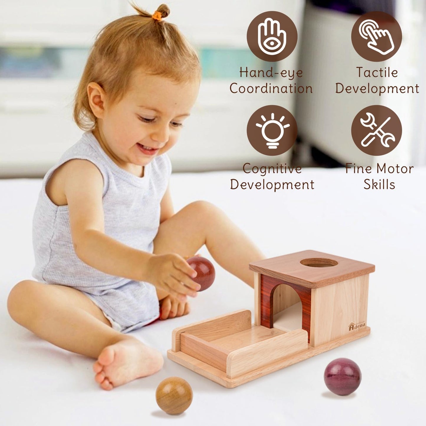 Adena Montessori Object Permanence Box – Wooden Baby Toy with 3 Balls