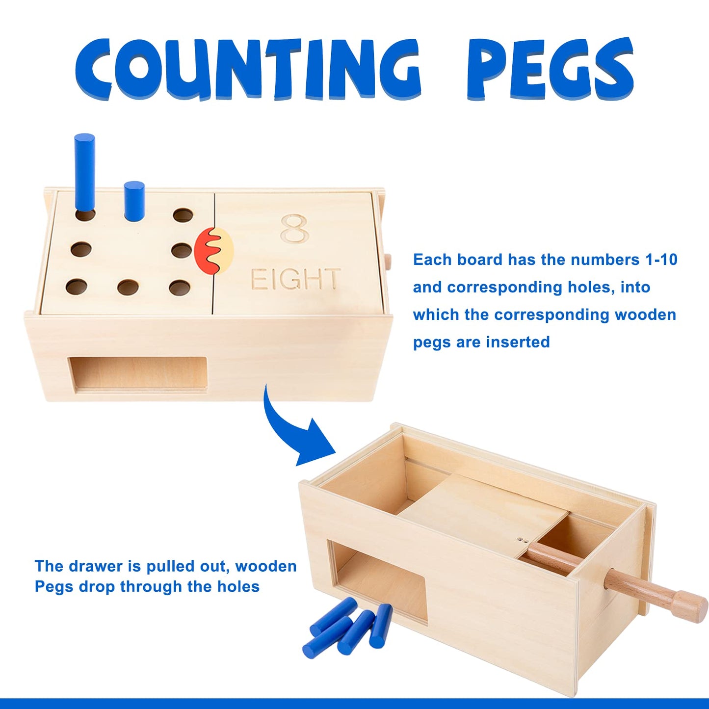 Adena Montessori Peg Drop Box – Wooden Tumble Down Counting Pegs for Early Math Skills
