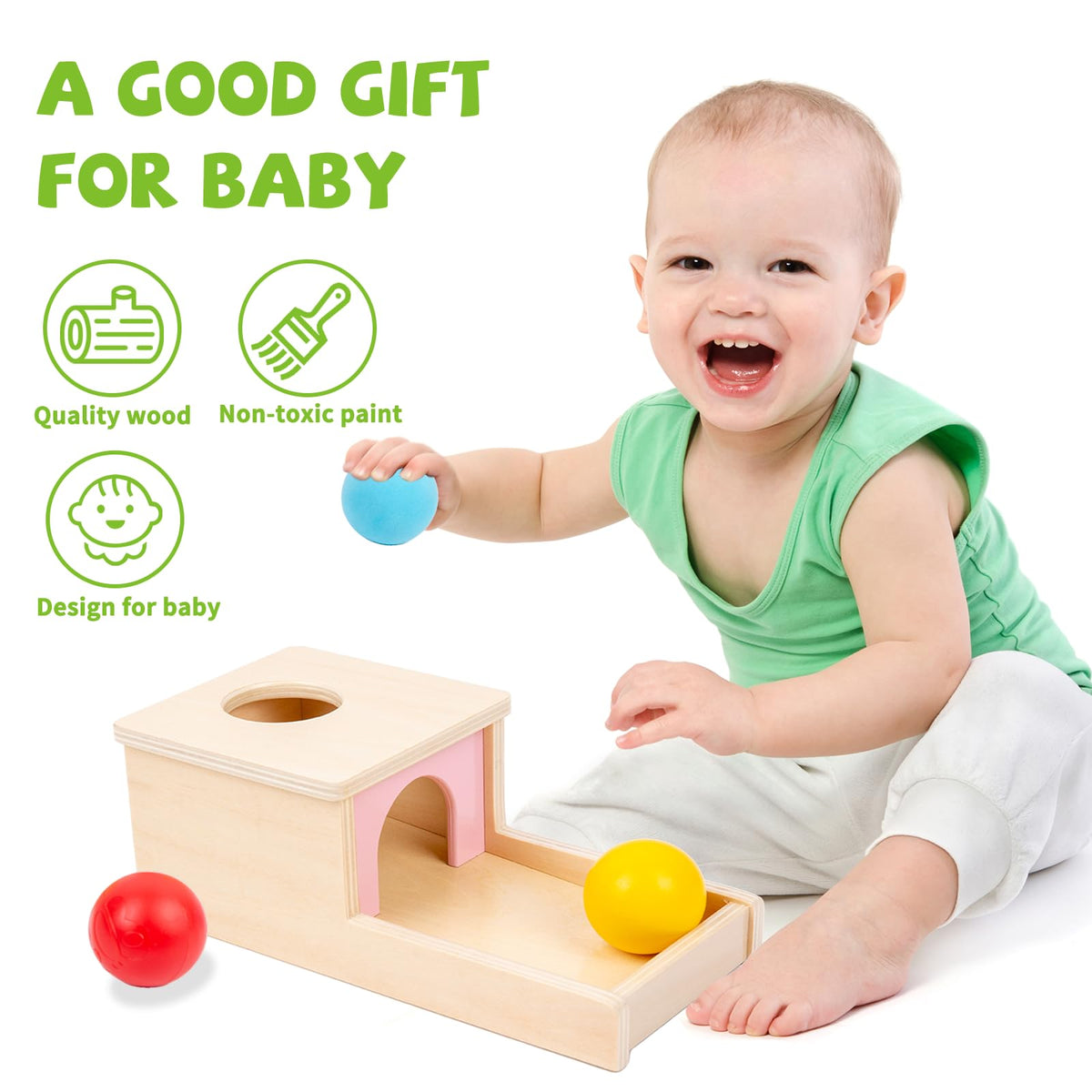 Adena Montessori Object Permanence Box with Tray and Three Balls – For 6–12 Months