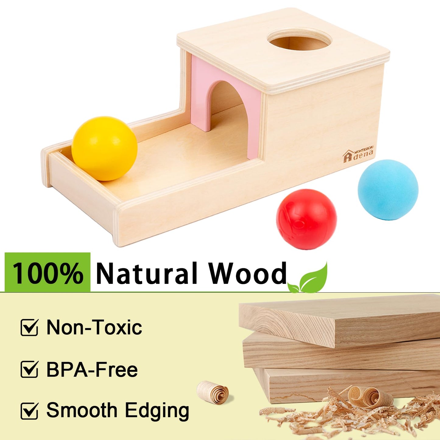 Adena Montessori Object Permanence Box with Tray and Three Balls – For 6–12 Months