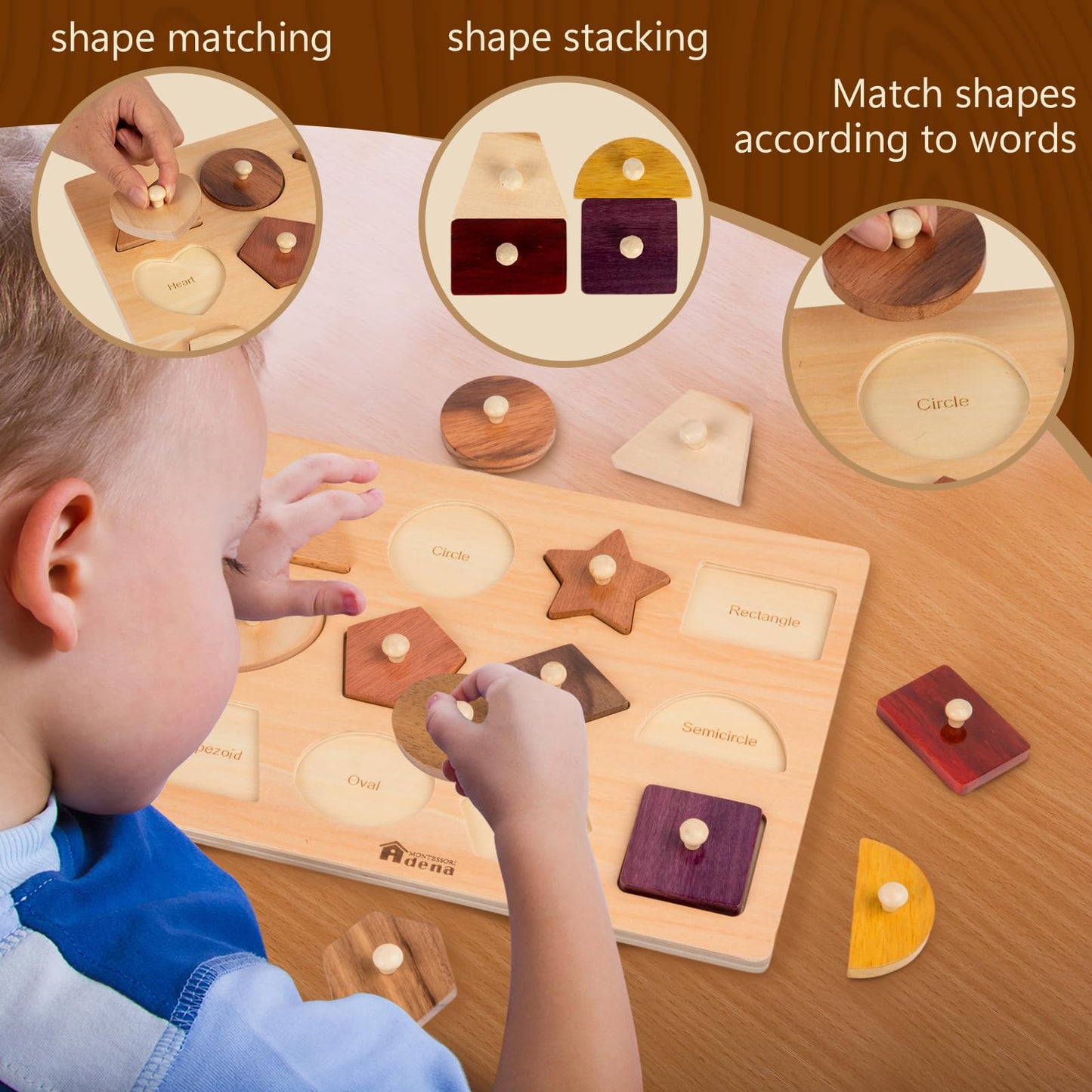 Adena Montessori Wooden Puzzles for Toddlers – 12-Piece Shape Peg Board Toys