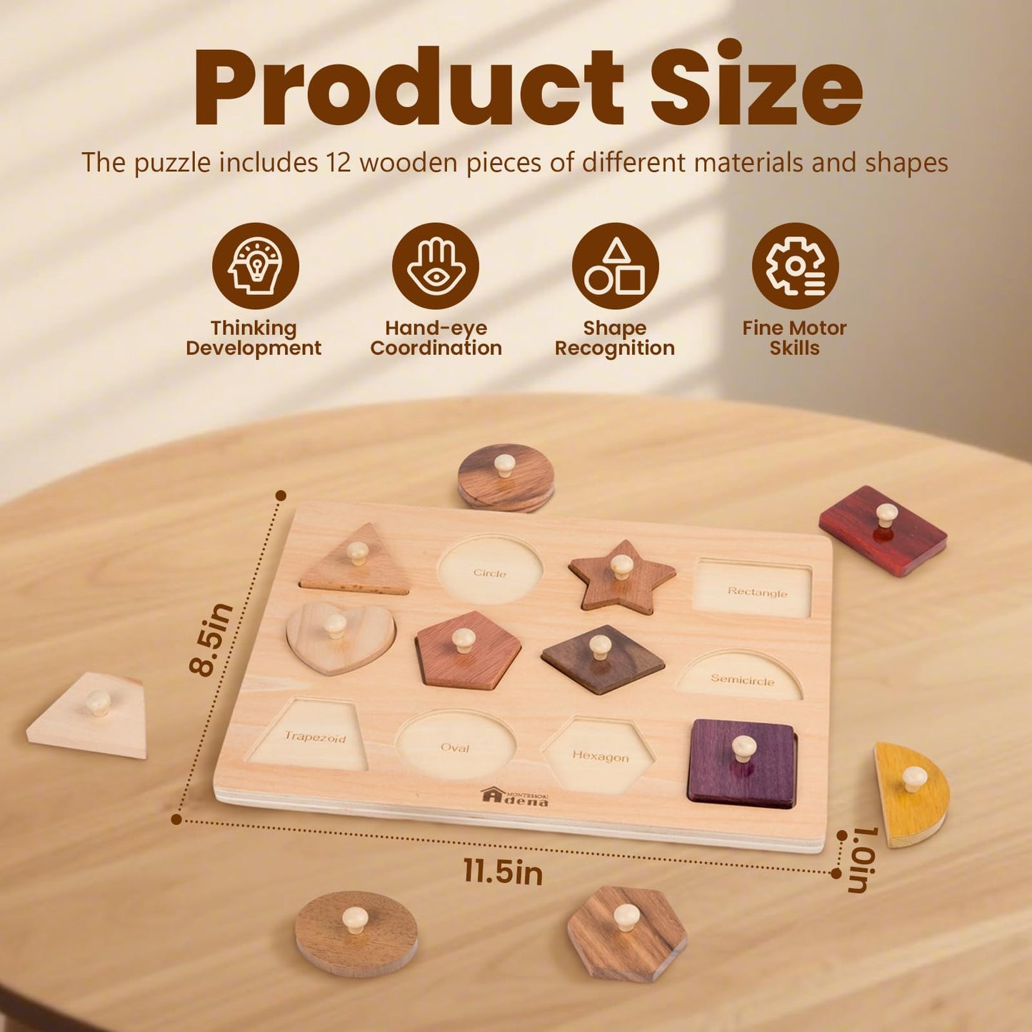 Adena Montessori Wooden Puzzles for Toddlers – 12-Piece Shape Peg Board Toys