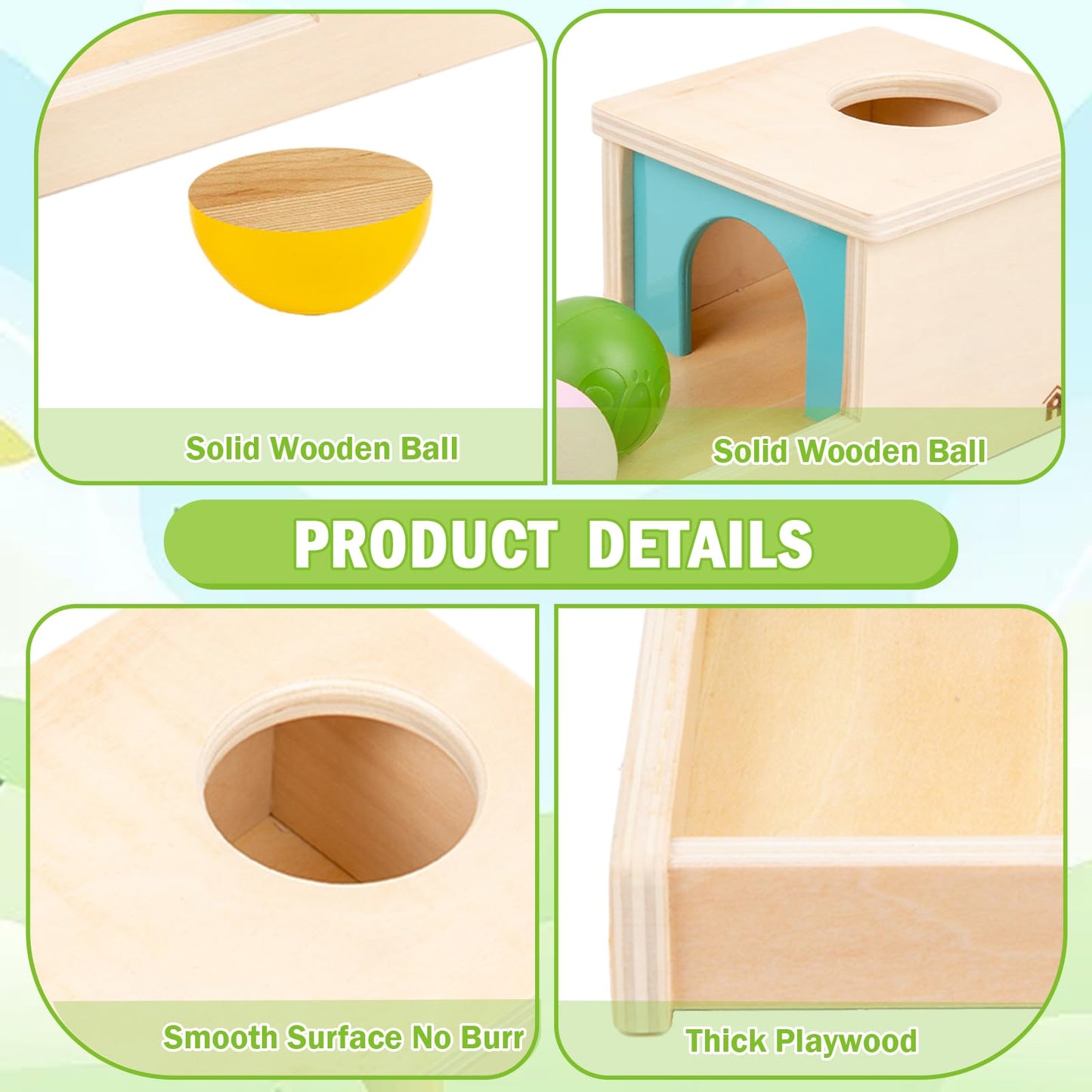 Adena Montessori Object Permanence Box with Tray - Wooden Baby Toy for 6-12 Months | 3 Balls & Colorful Learning