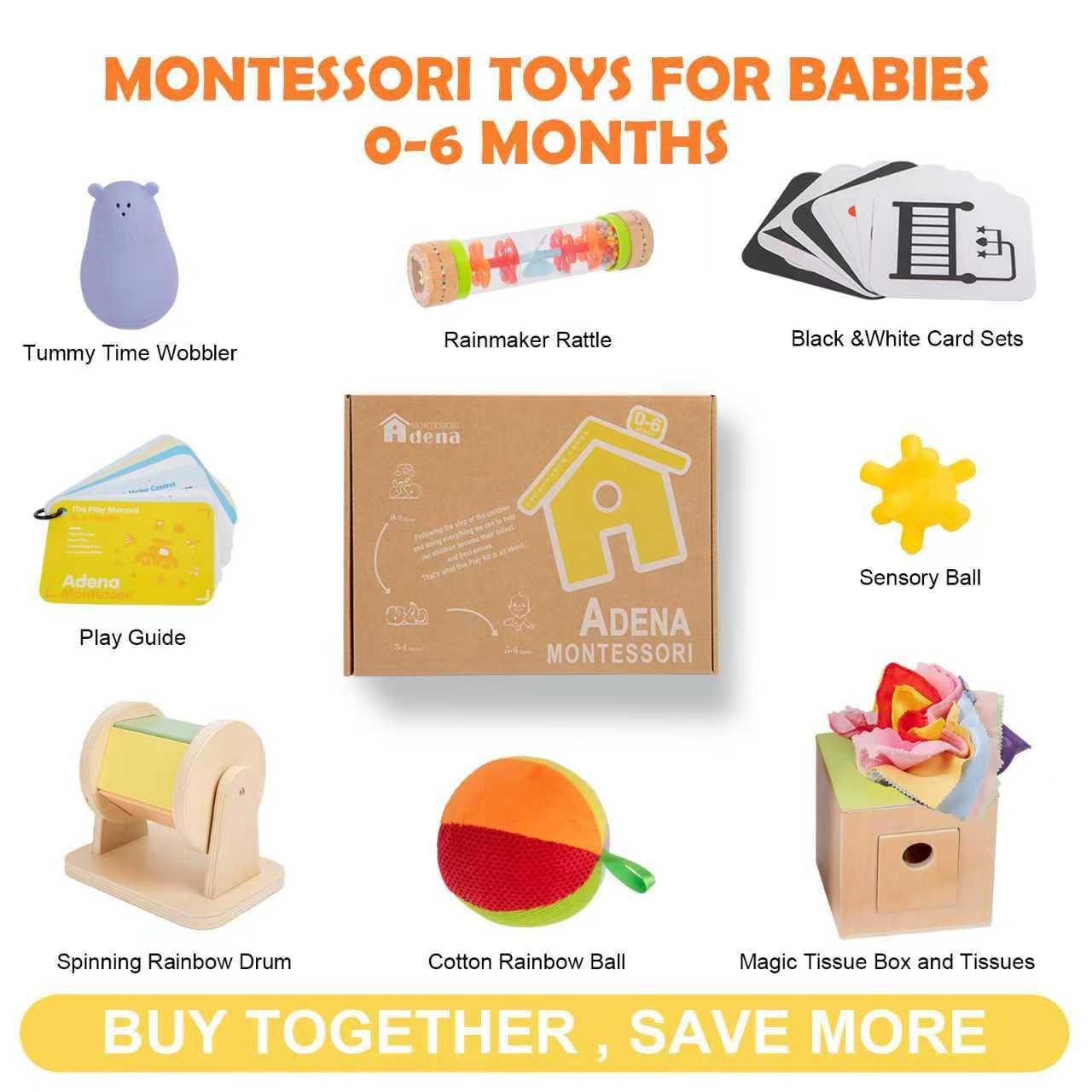 Adena Montessori Play Kit for 0-6 Months — 9-Piece Sensory Baby Toys Set