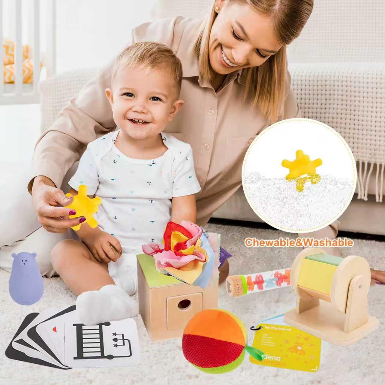 Adena Montessori Play Kit for 0-6 Months — 9-Piece Sensory Baby Toys Set