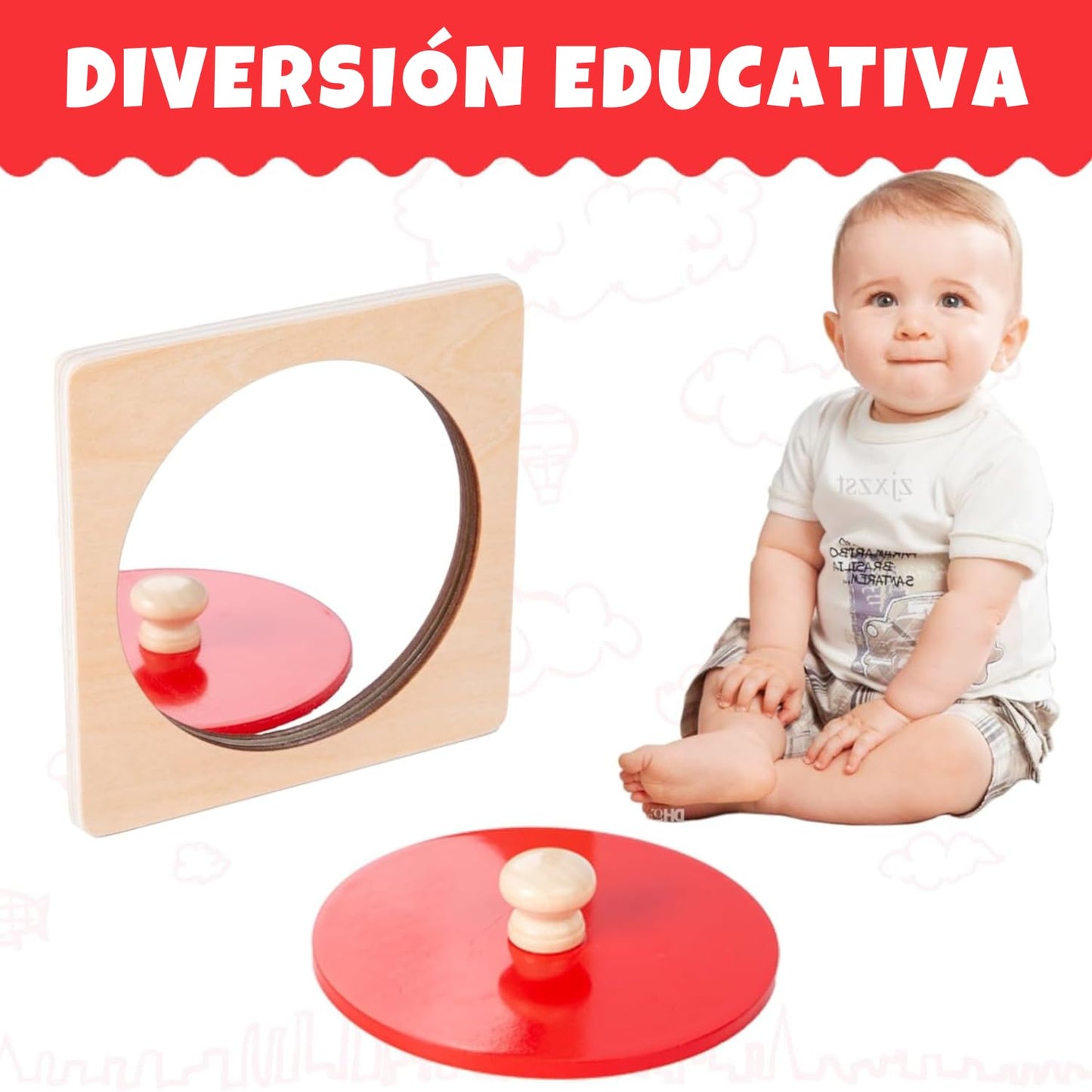 Adena Montessori Baby Toys Play Kit – Mirror Peekaboo Knob Puzzle, Spinning Drum & Rainbow Fabric Ball (6-12M)