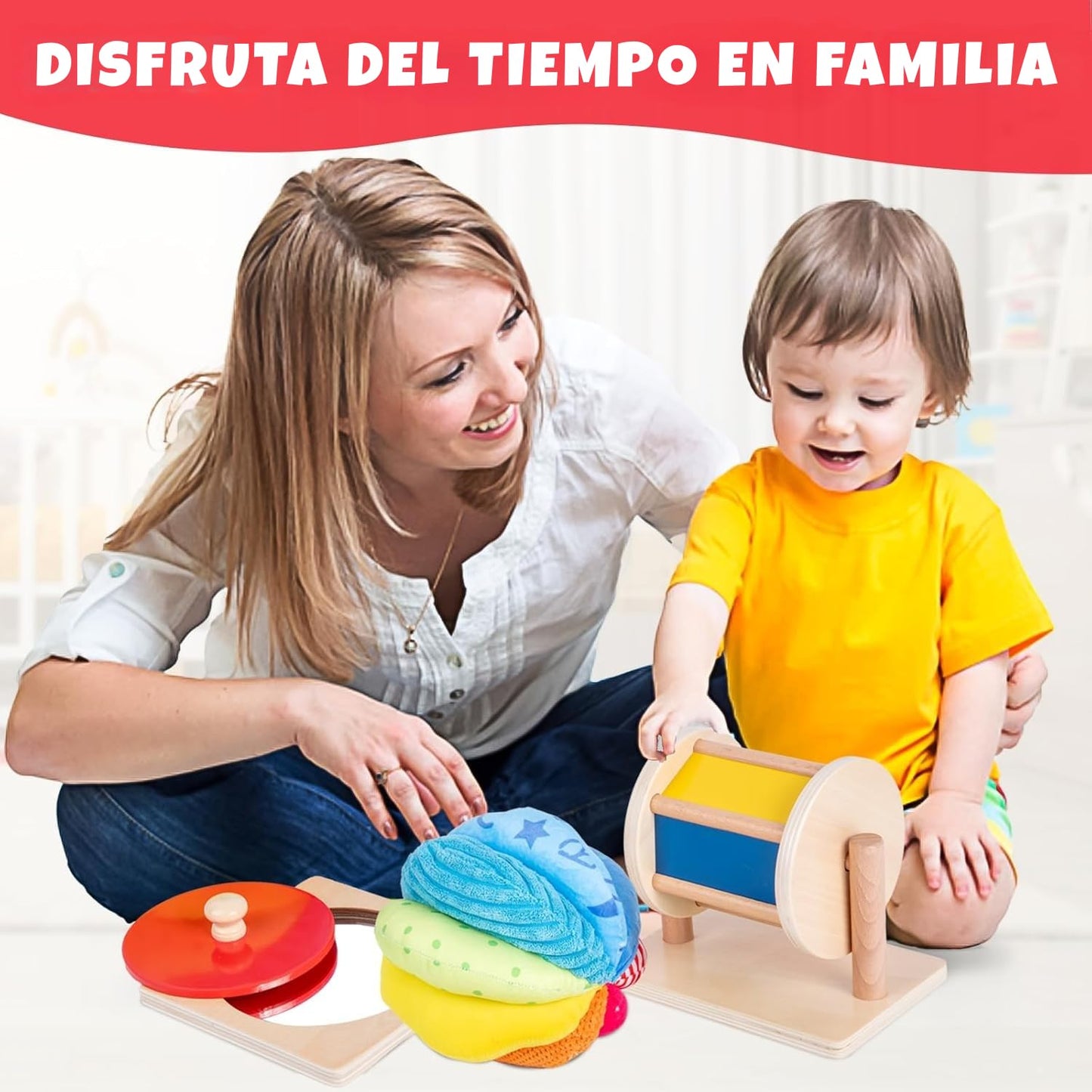 Adena Montessori Baby Toys Play Kit – Mirror, Knob Puzzle, Spinning Drum & Rainbow Ball (6–12 Months)