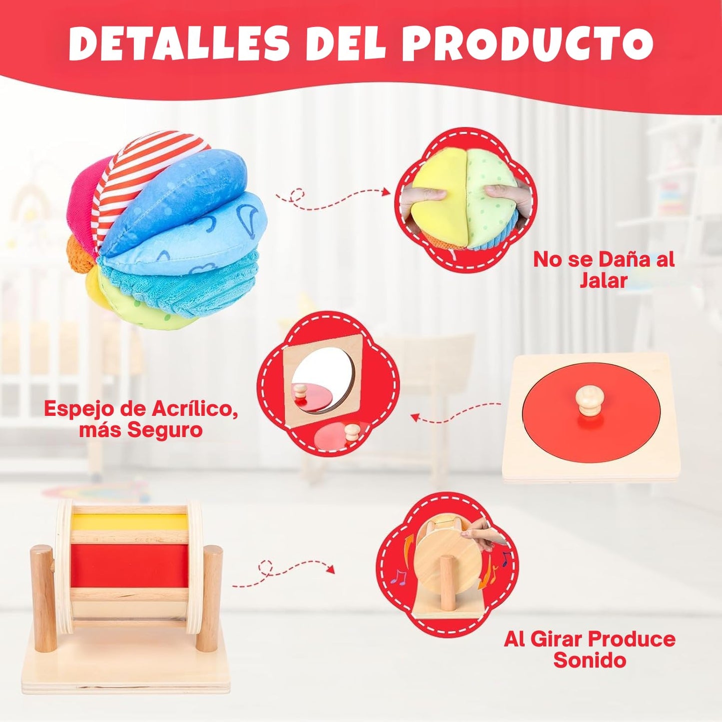 Adena Montessori Baby Toys Play Kit – Mirror, Knob Puzzle, Spinning Drum & Rainbow Ball (6–12 Months)