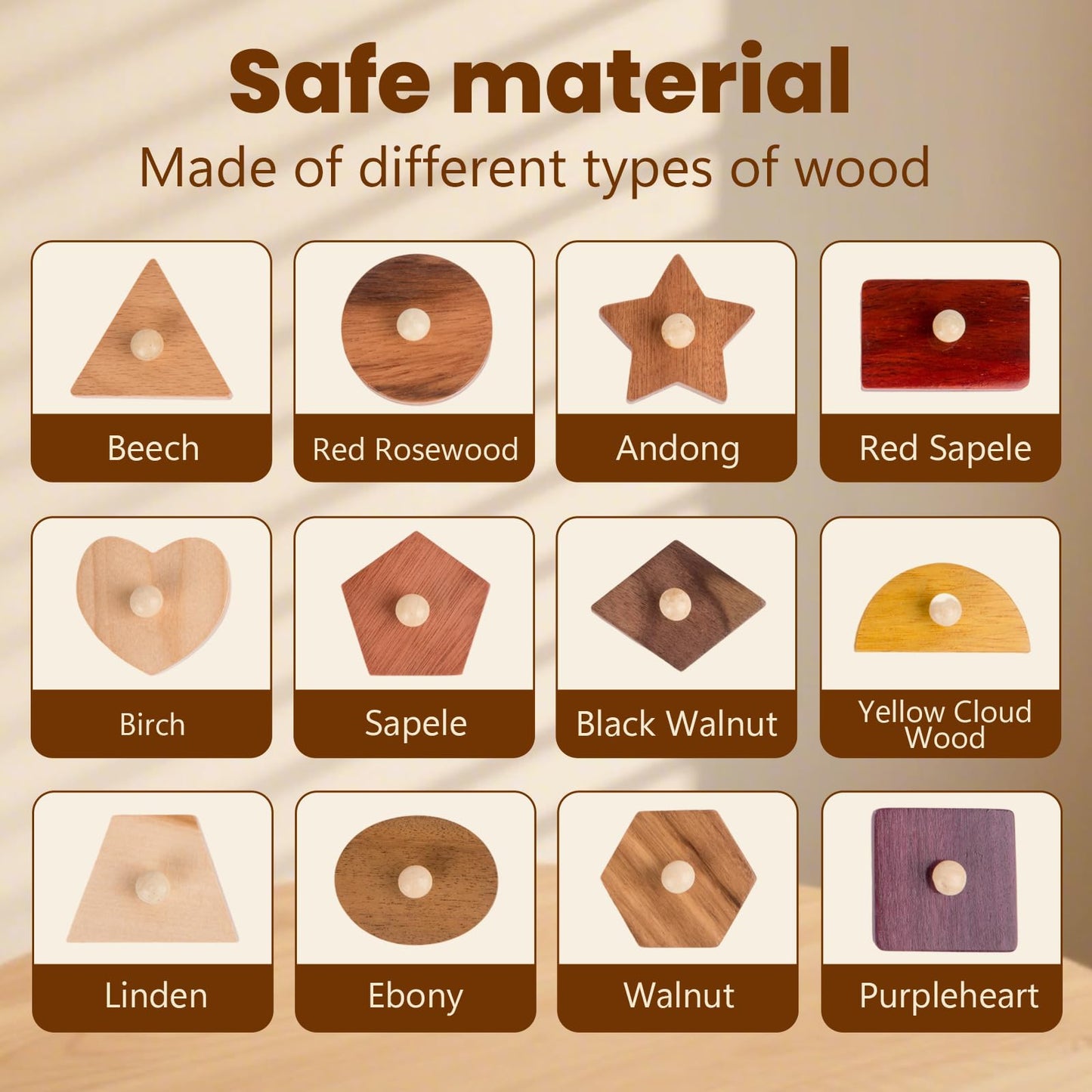 Adena Montessori Wooden Puzzles for Toddlers – 12-Piece Shape Peg Board Toys