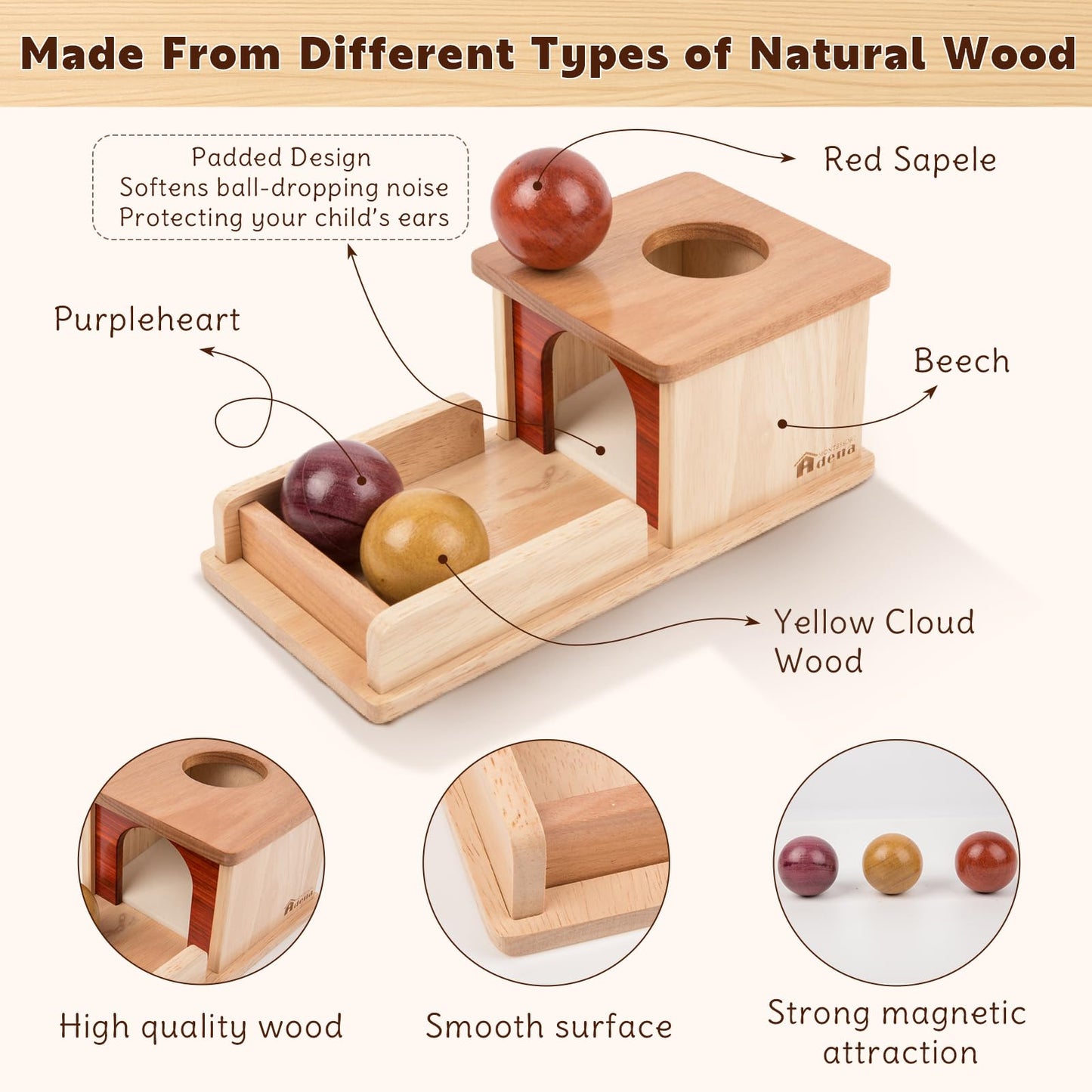 Adena Montessori Object Permanence Box – Wooden Baby Toy with 3 Balls